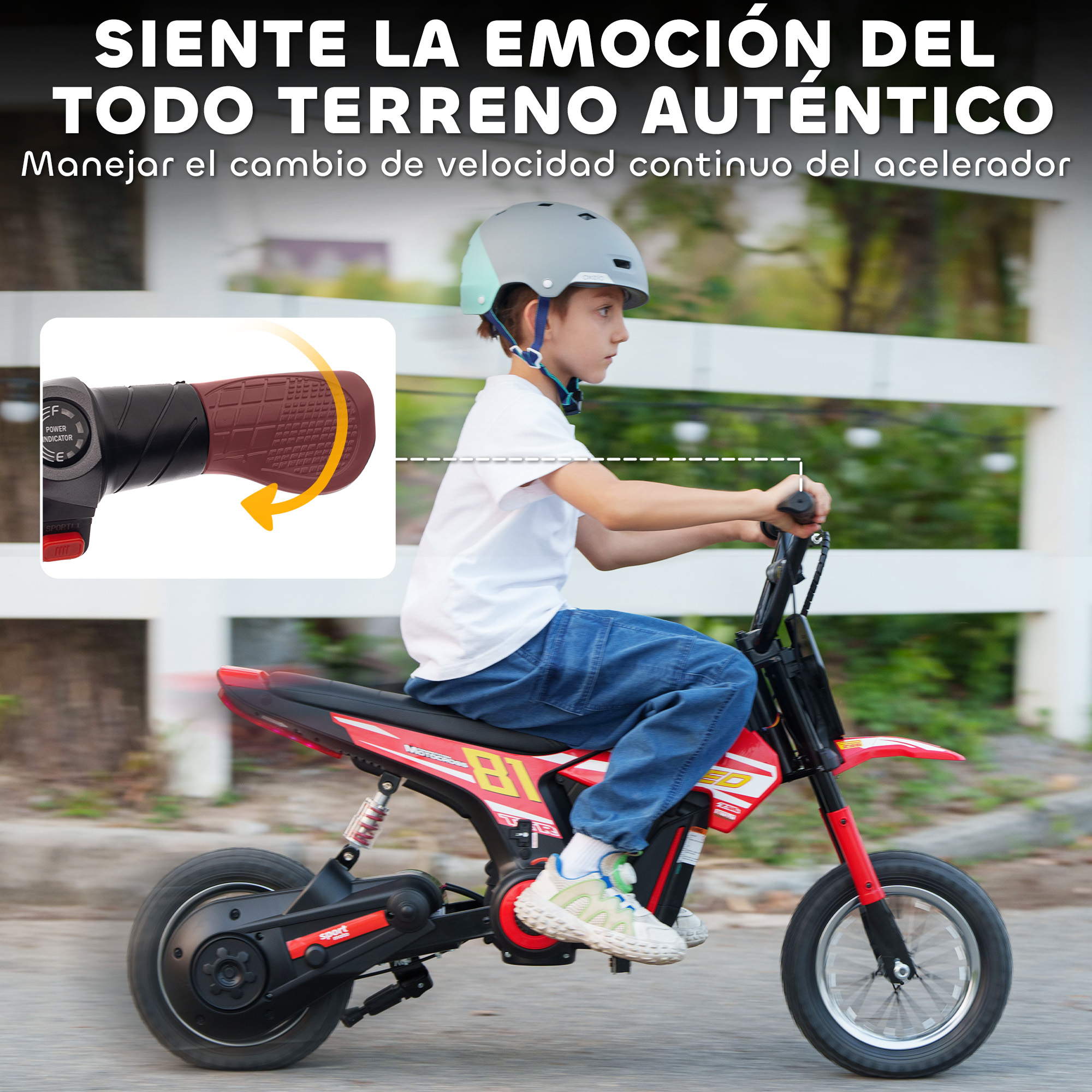 Un niño monta una moto de cross eléctrica roja con casco y vaqueros.