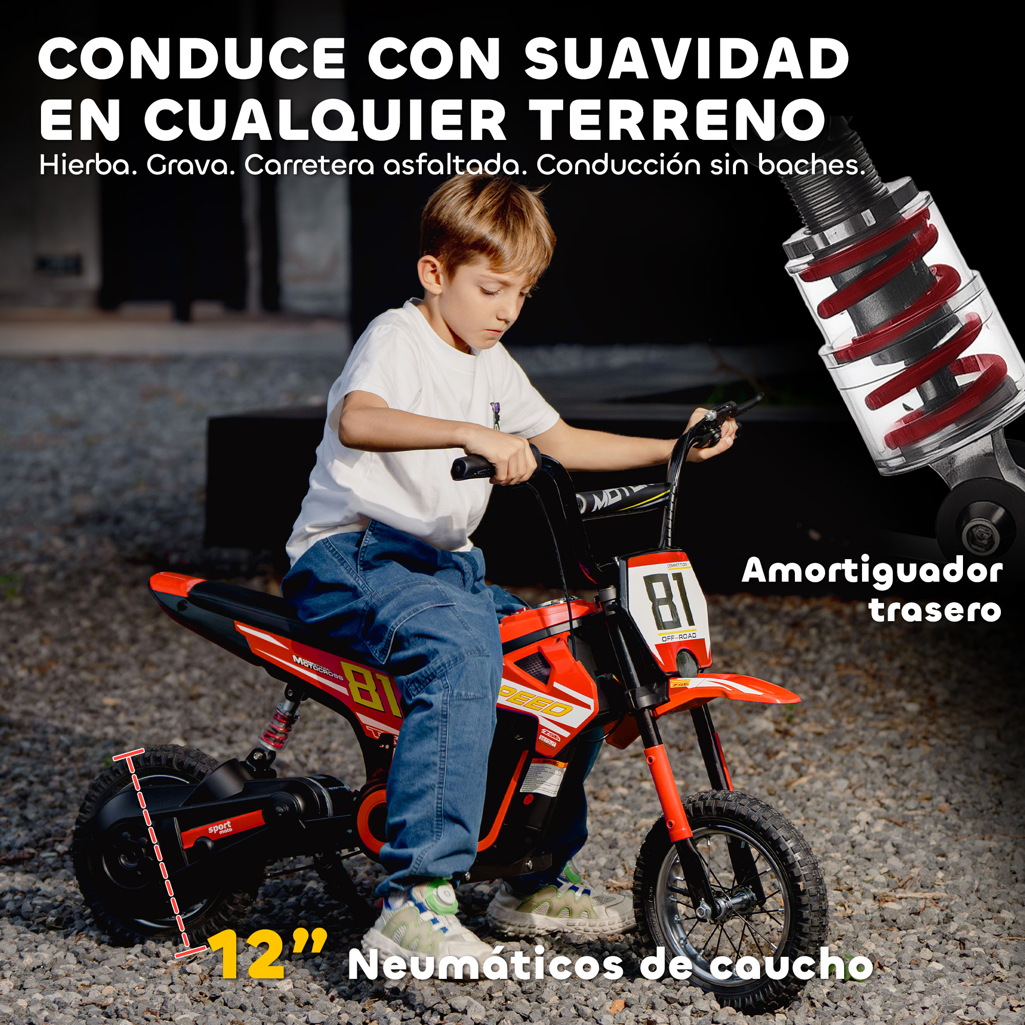 Un niño en una moto de juguete roja. Primer plano de ruedas y amortiguador.