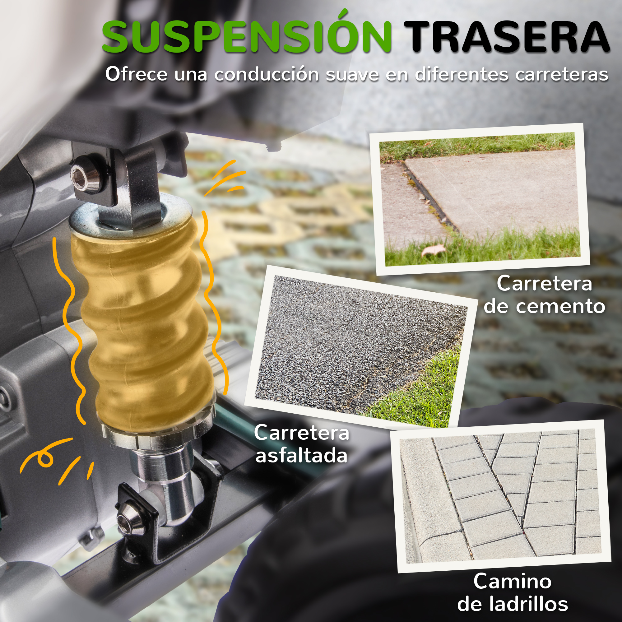 Suspensión trasera con resorte amarillo e imágenes de carreteras.