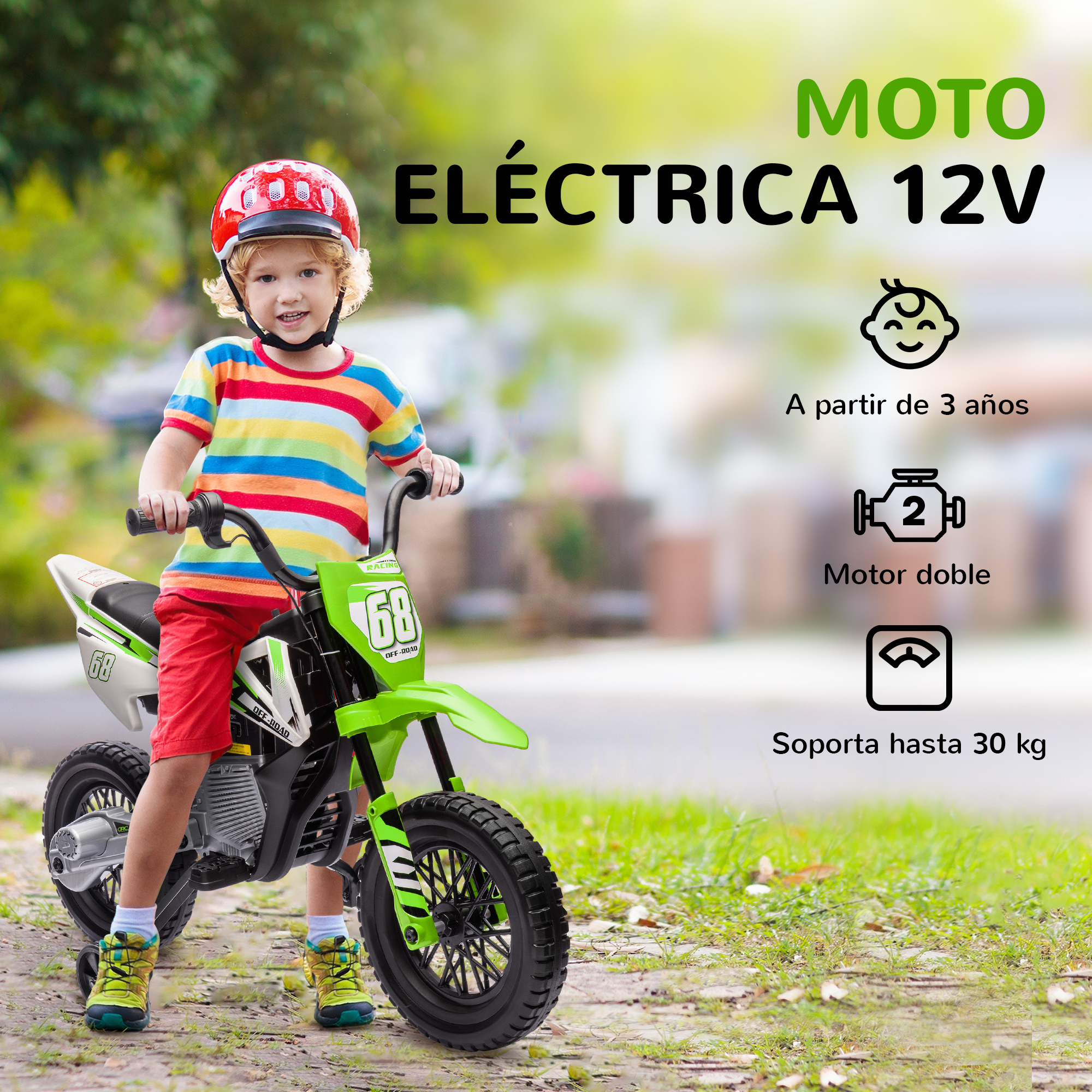 Un niño con casco monta una moto eléctrica verde al aire libre.