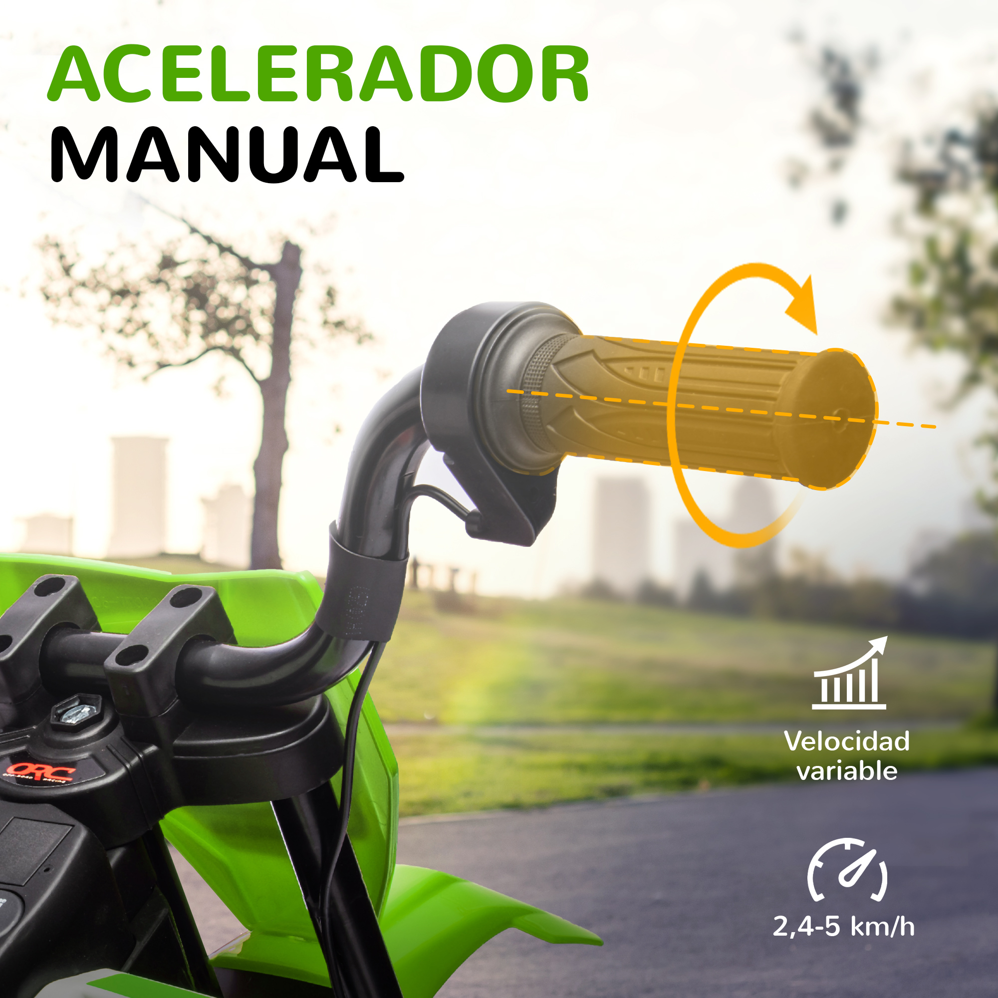 Manillar de moto verde con flecha amarilla indicando rotación.