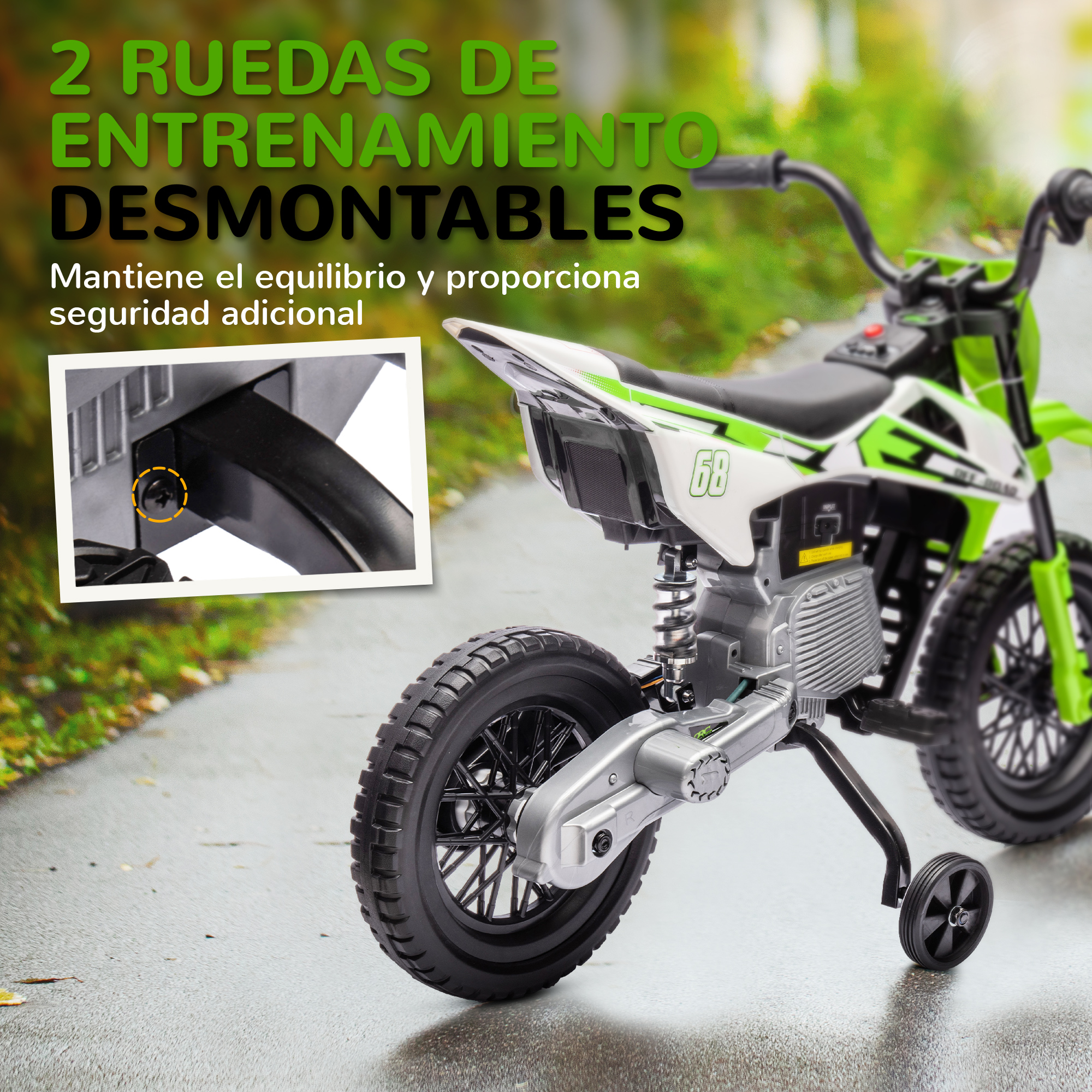 Una motocicleta infantil verde y blanca con ruedas de entrenamiento.