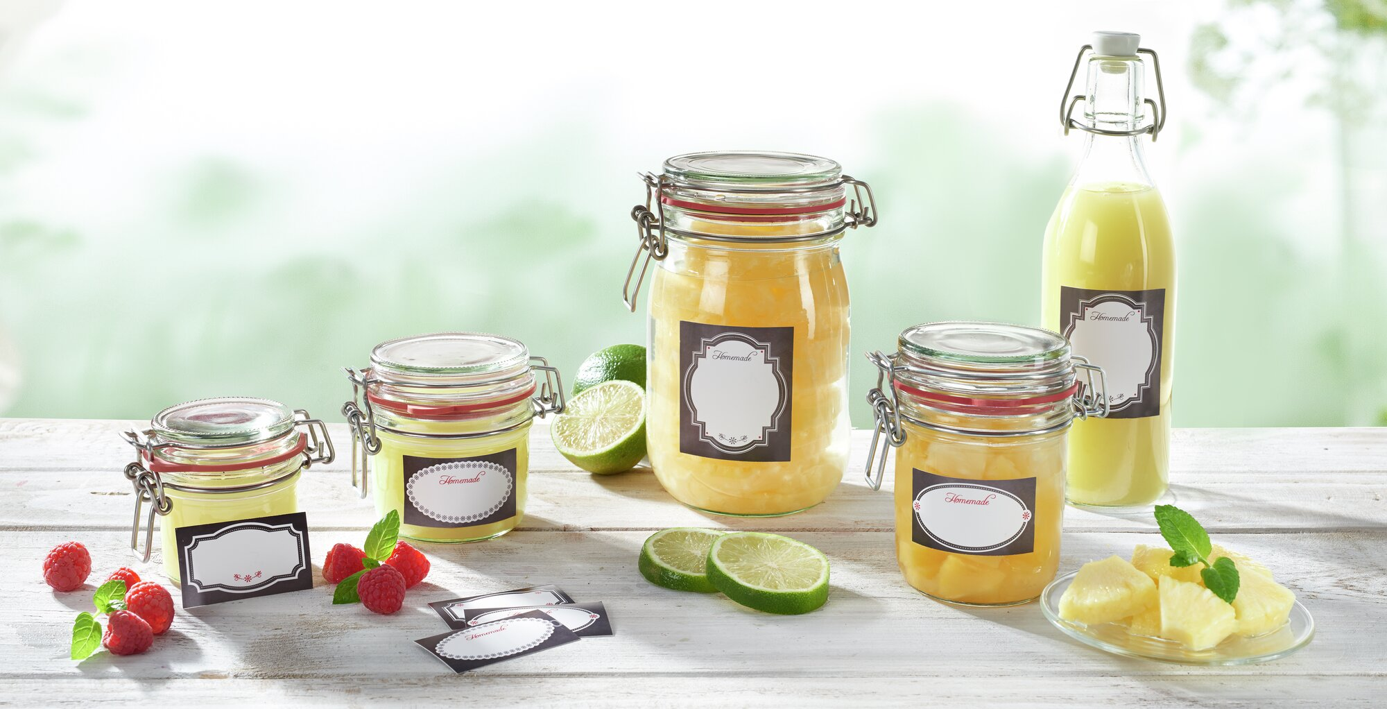 Mehrere Gläser und eine Flasche mit hausgemachtem Limonadenkonzentrat, garniert mit Früchten.