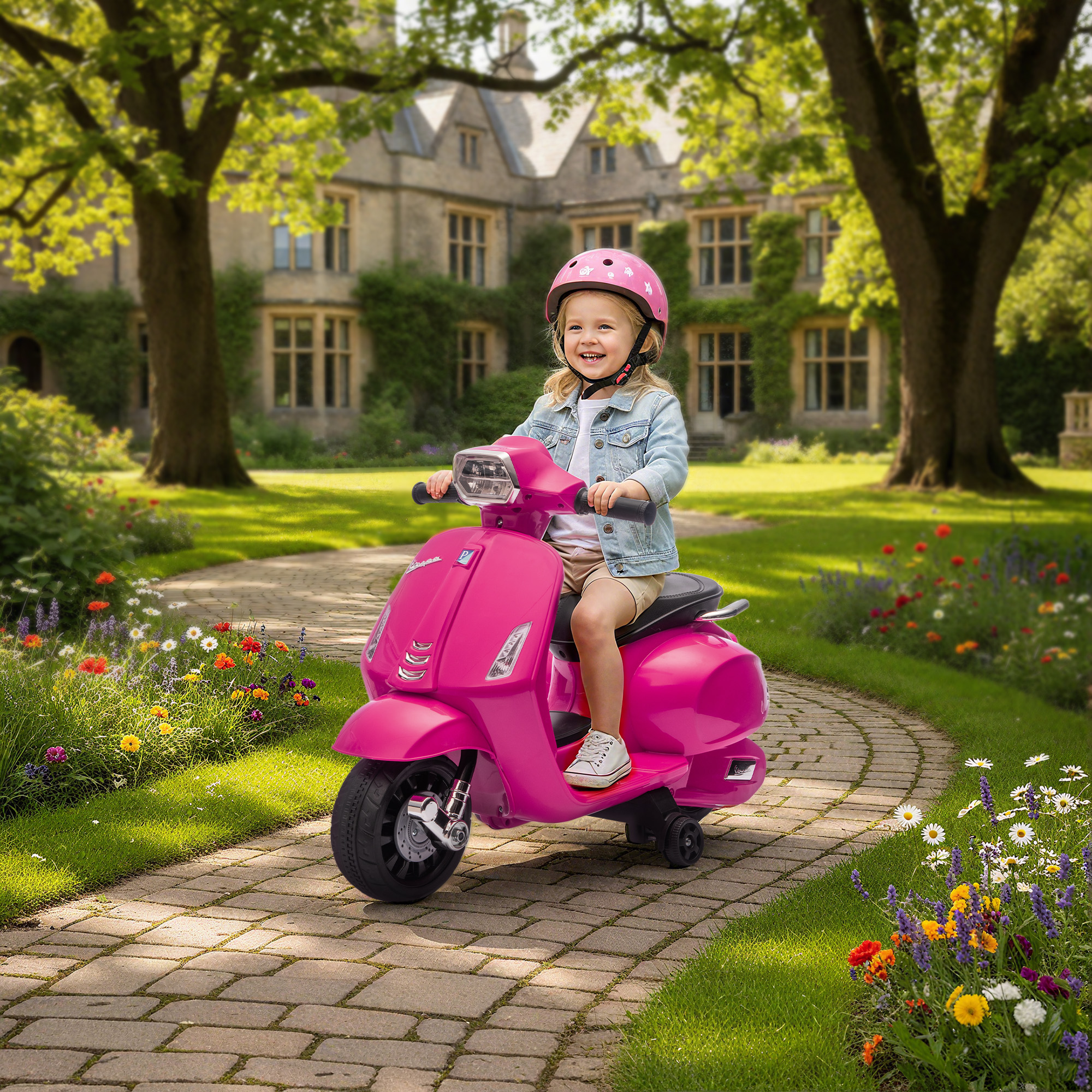 Una niña monta un patinete rosa en un camino de jardín frente a una mansión.
