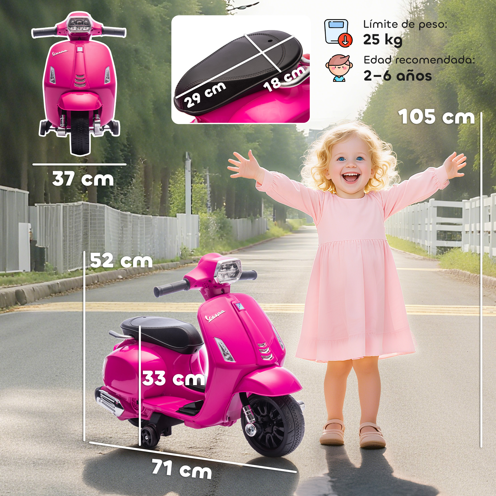 Un patinete rosa para niños con una niña sonriendo. Se muestran las dimensiones.