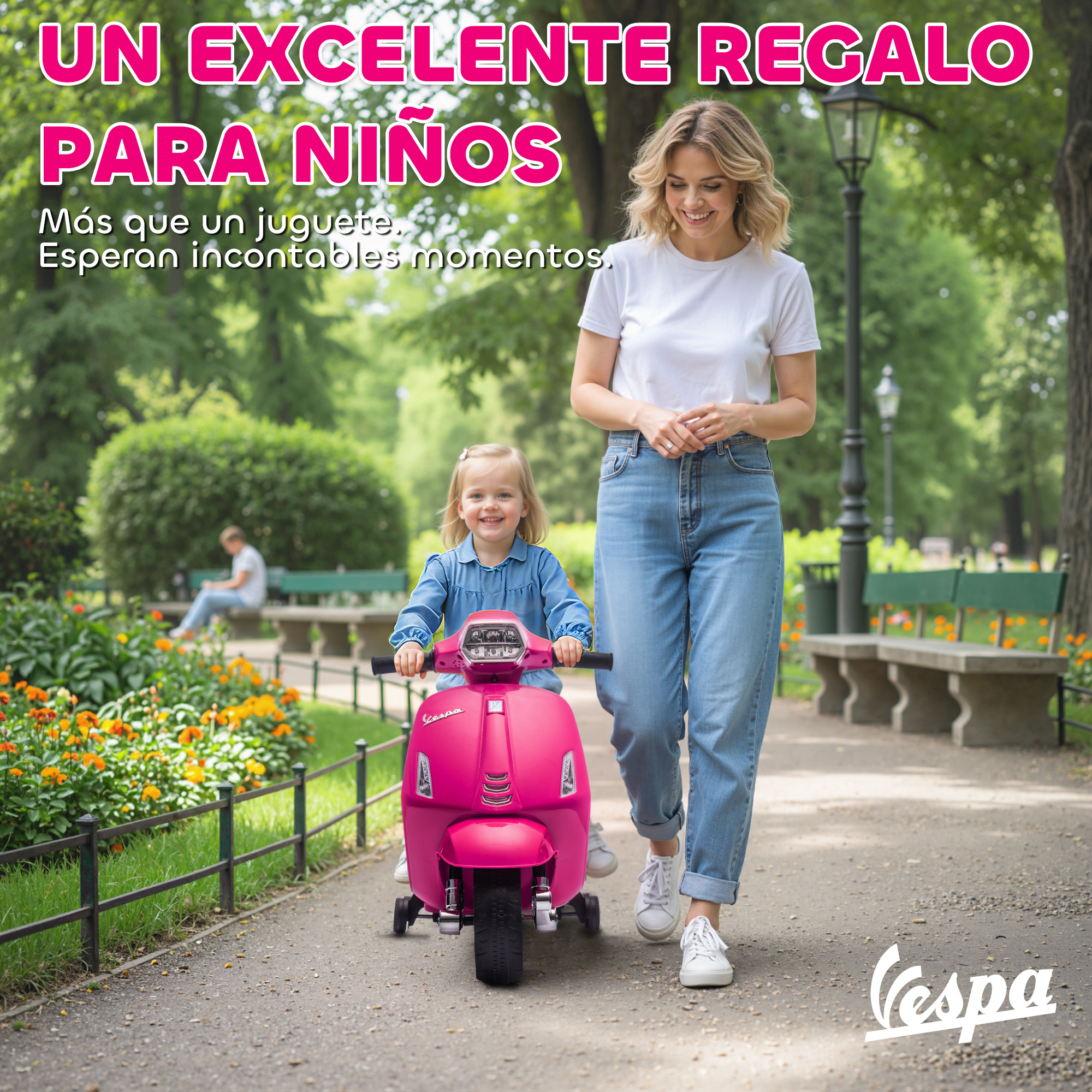Una mujer camina junto a una niña en un patinete de juguete en un parque.