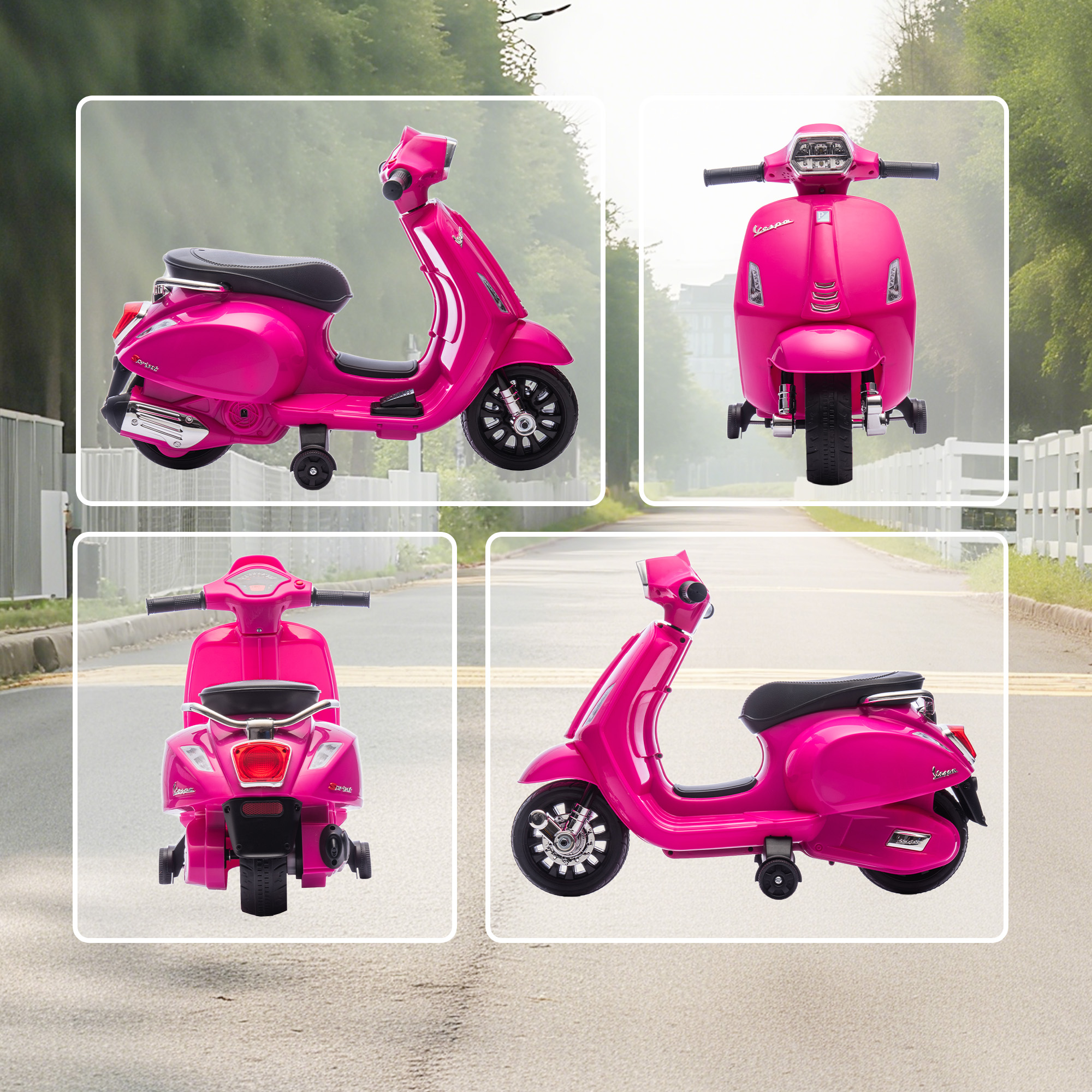Un patinete infantil rosa estilo Vespa con ruedines está en una carretera.