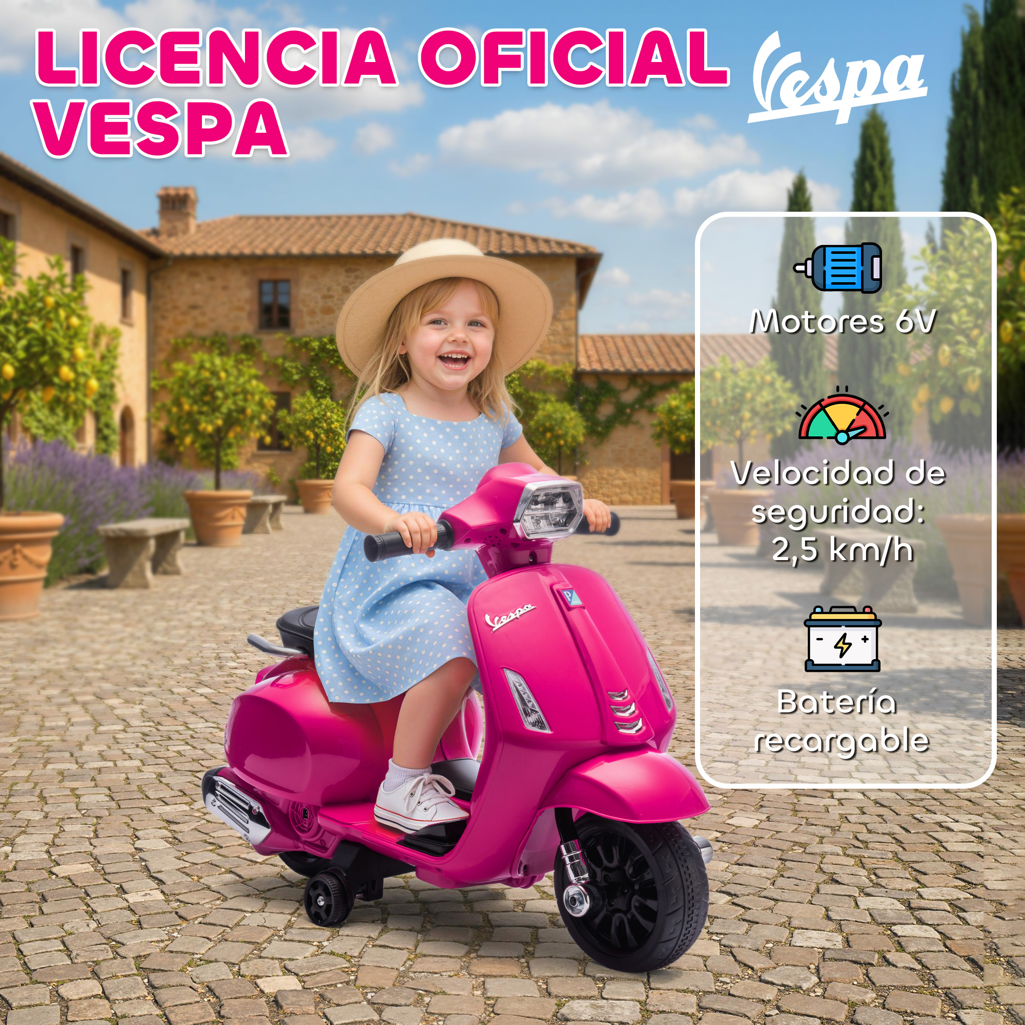 Una niña monta un patinete Vespa de juguete rosa frente a un edificio.