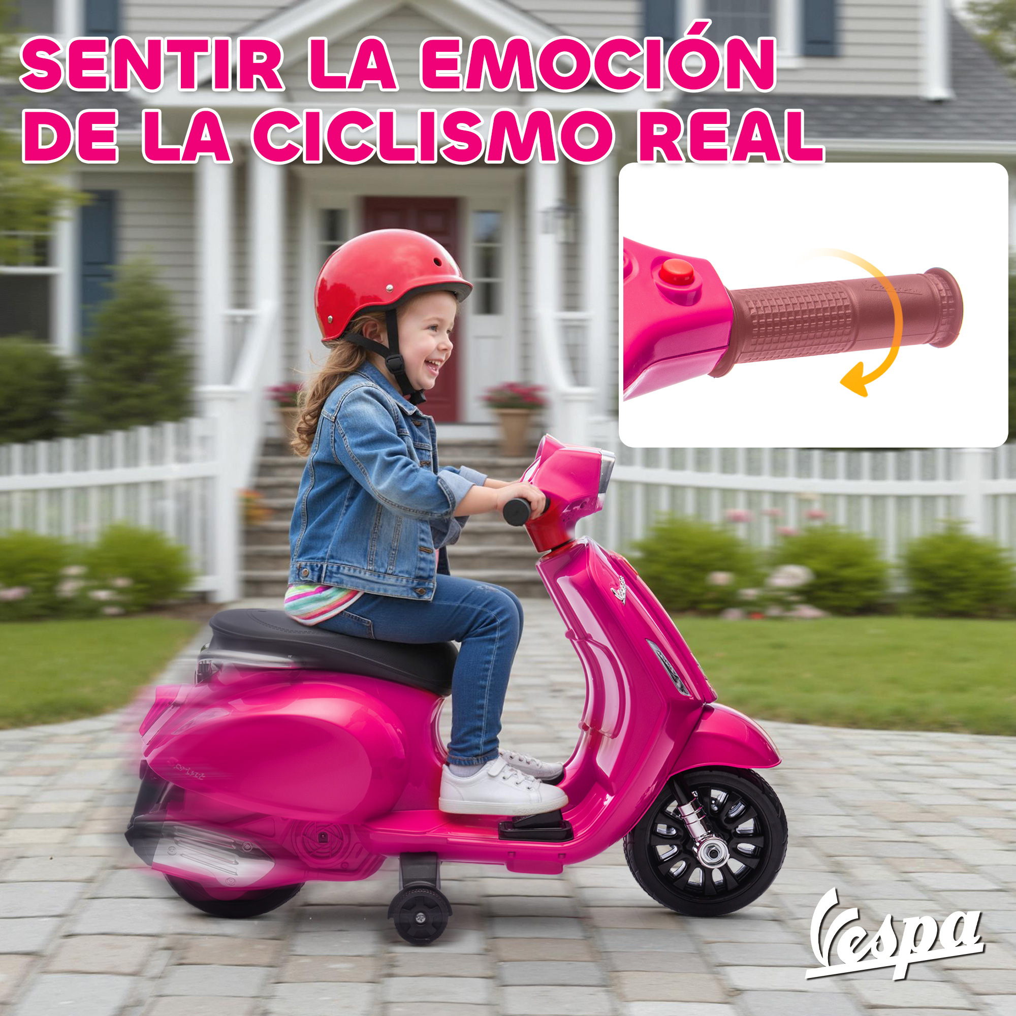 Niña con casco rojo monta un patinete rosa Vespa de juguete.