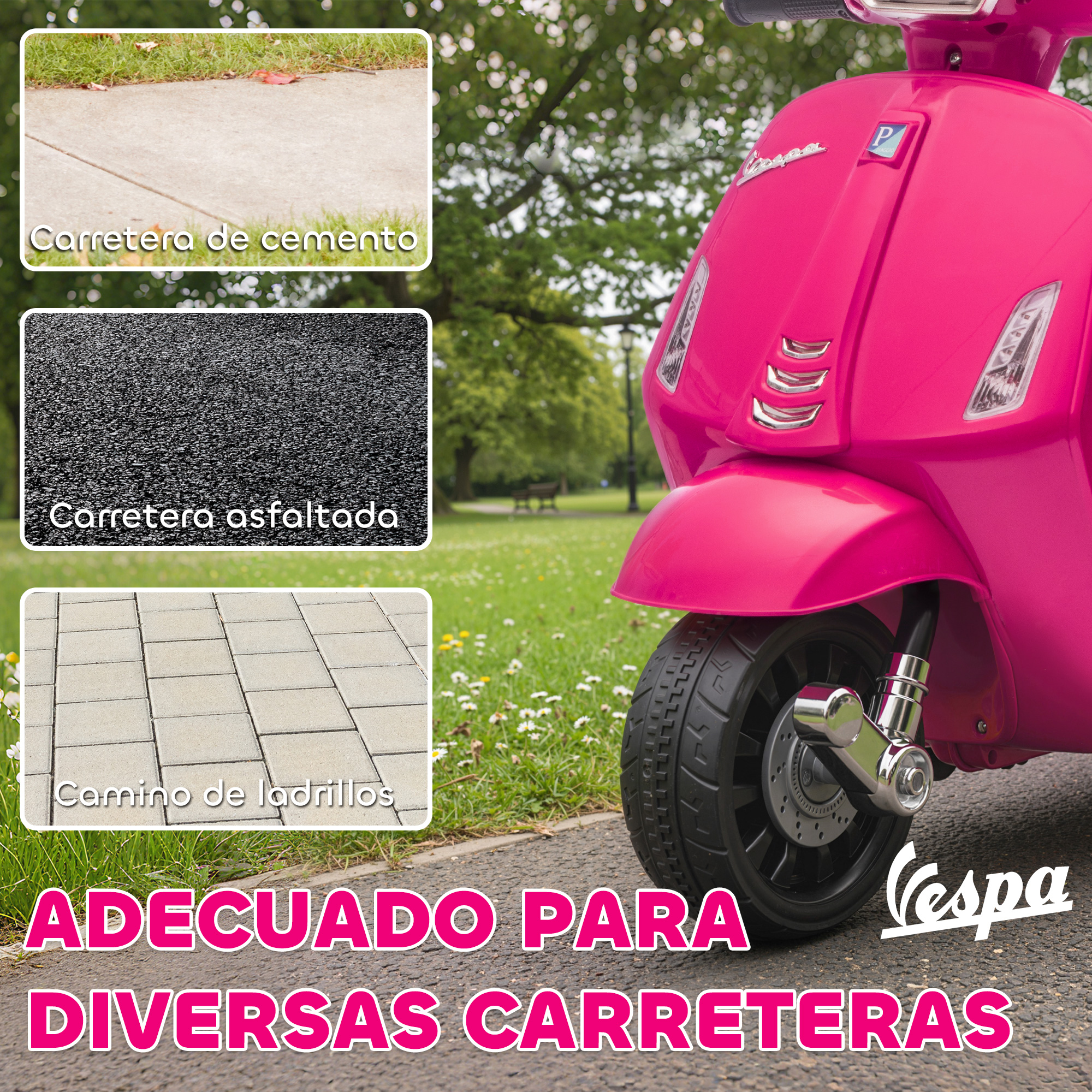 Un patinete Vespa rosa está aparcado en un parque sobre diversas superficies.