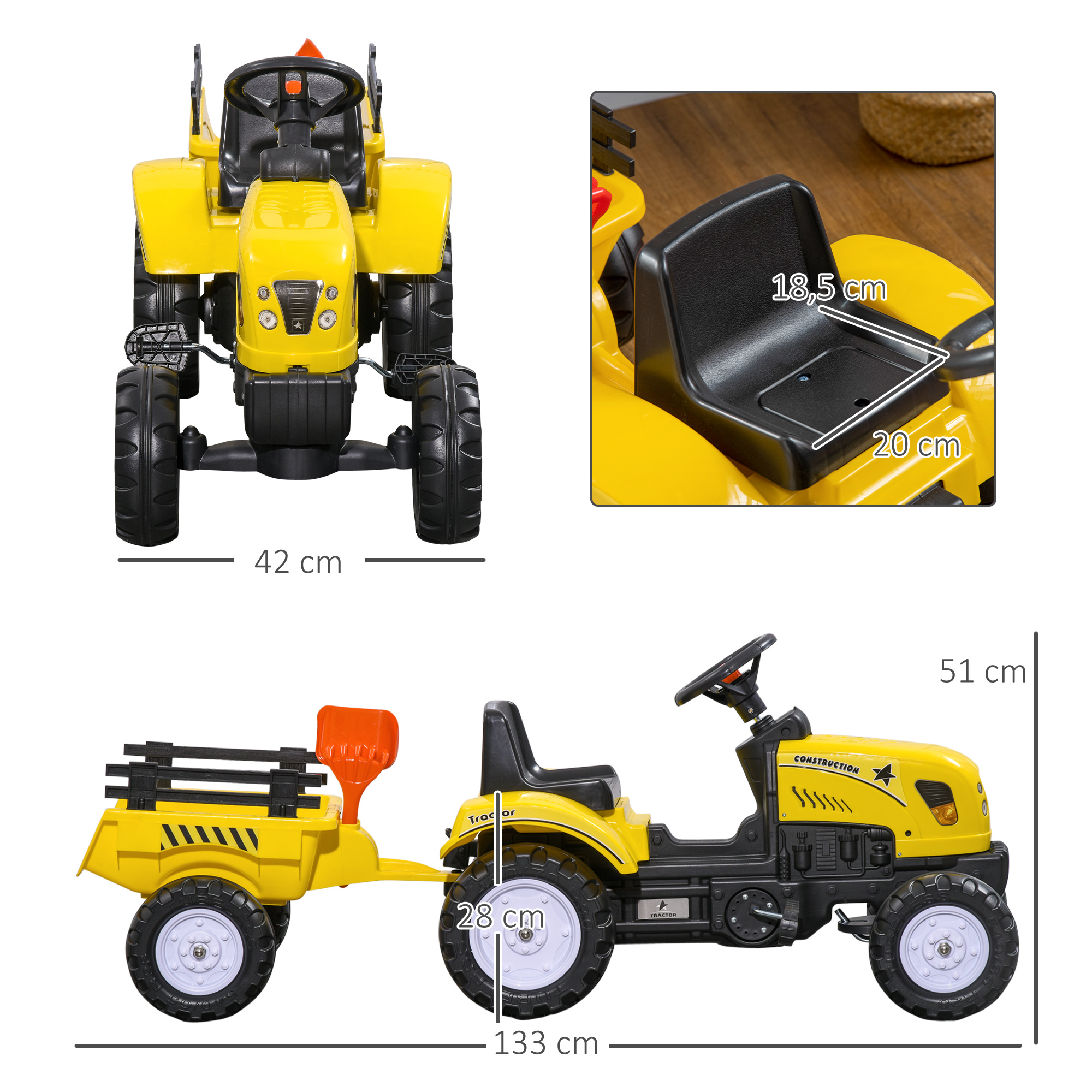 Un tractor de juguete amarillo con remolque, se muestran dimensiones detalladas.