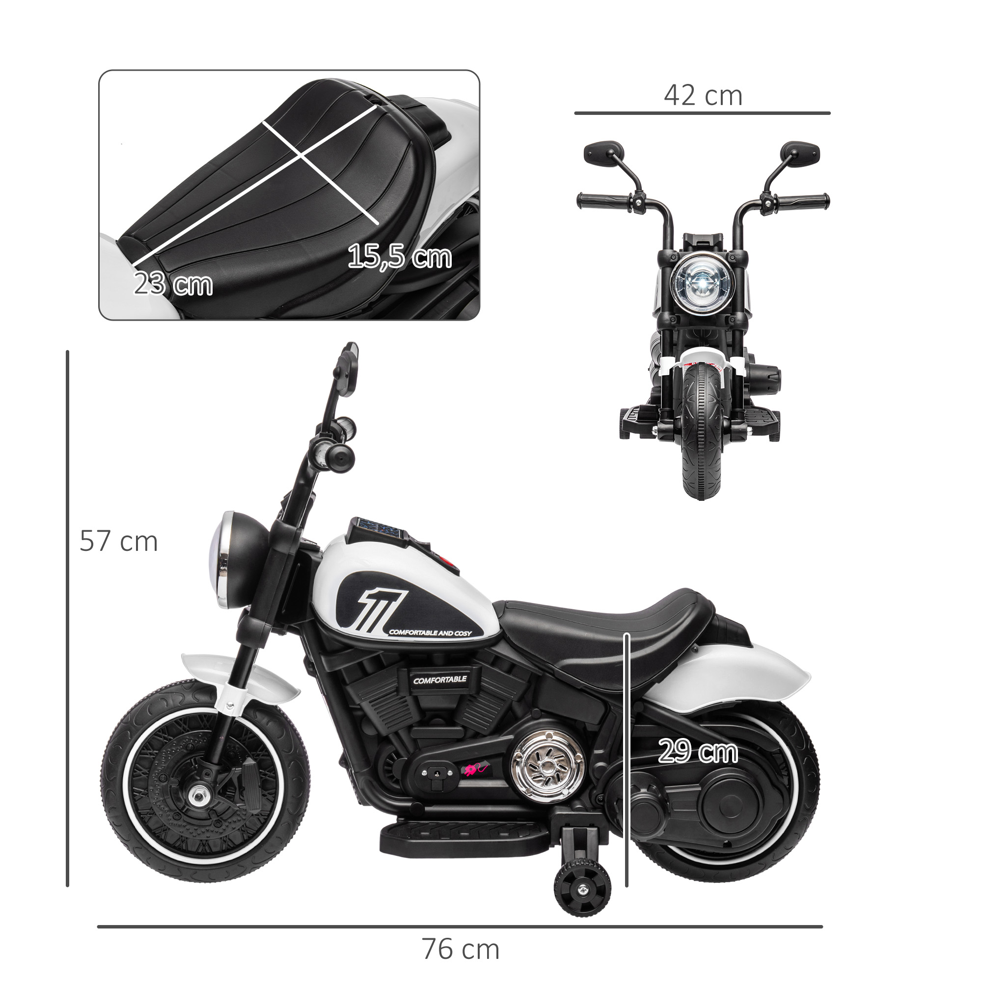 Una motocicleta eléctrica infantil blanca y negra con dimensiones.