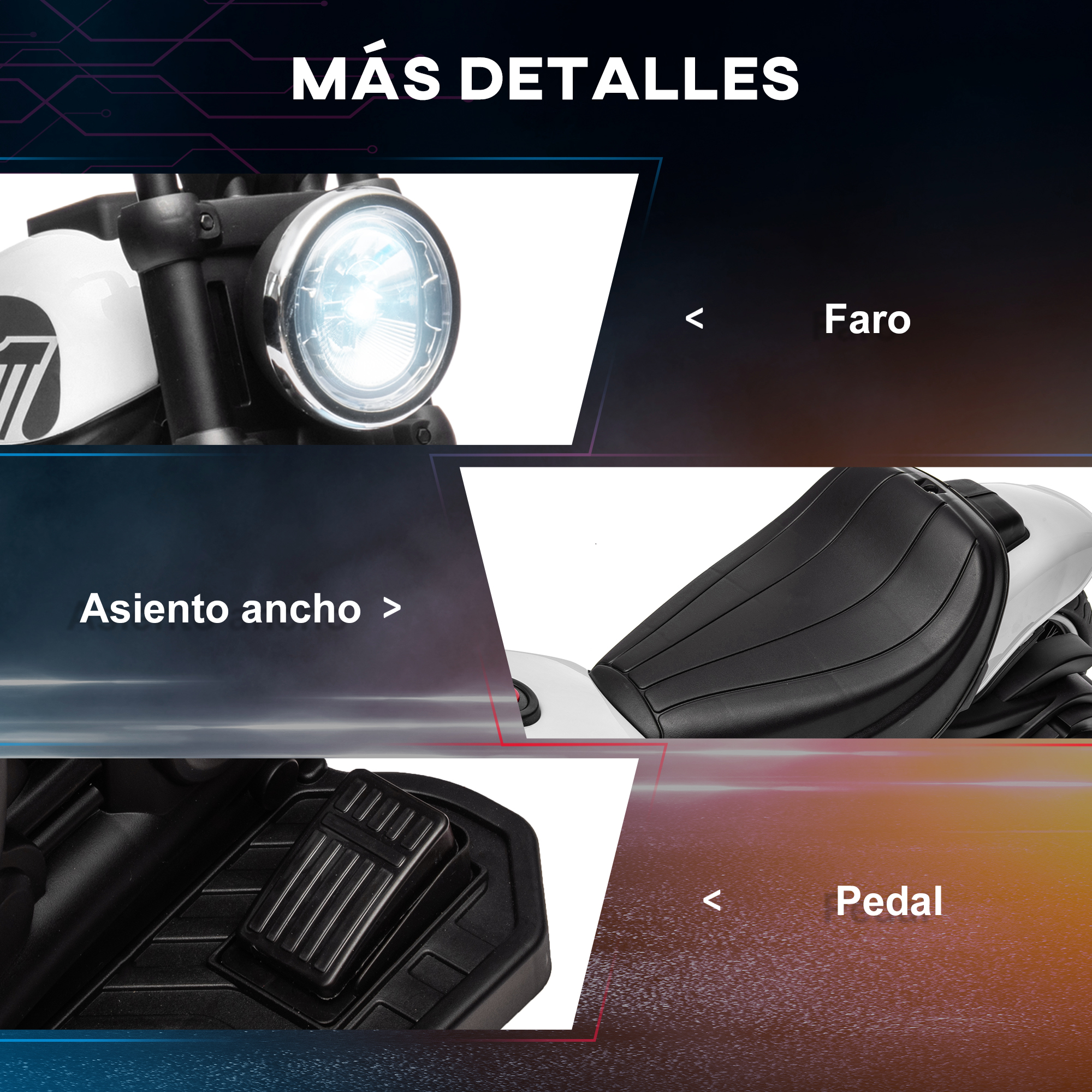 Primer plano del faro, asiento y pedal de una motocicleta.