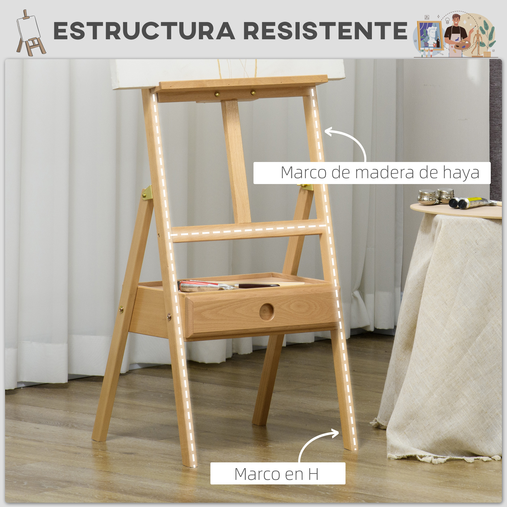 Un caballete de madera con cajón y material de arte en una mesa al lado.