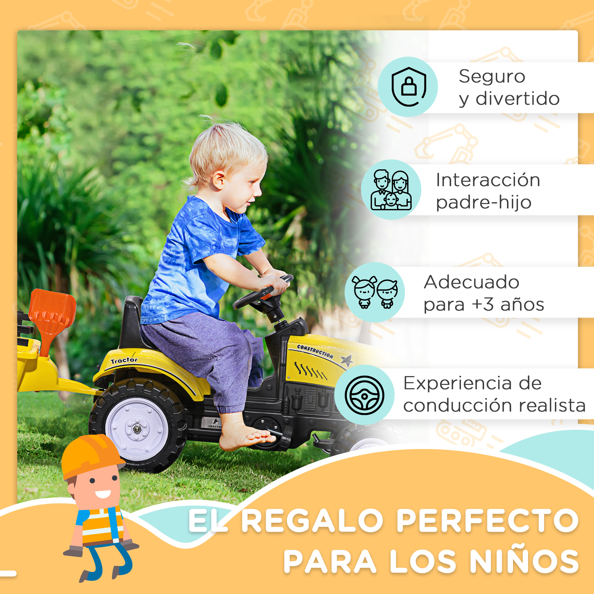 Un niño pequeño monta un tractor de juguete amarillo en el jardín. Gráficos destacan beneficios.