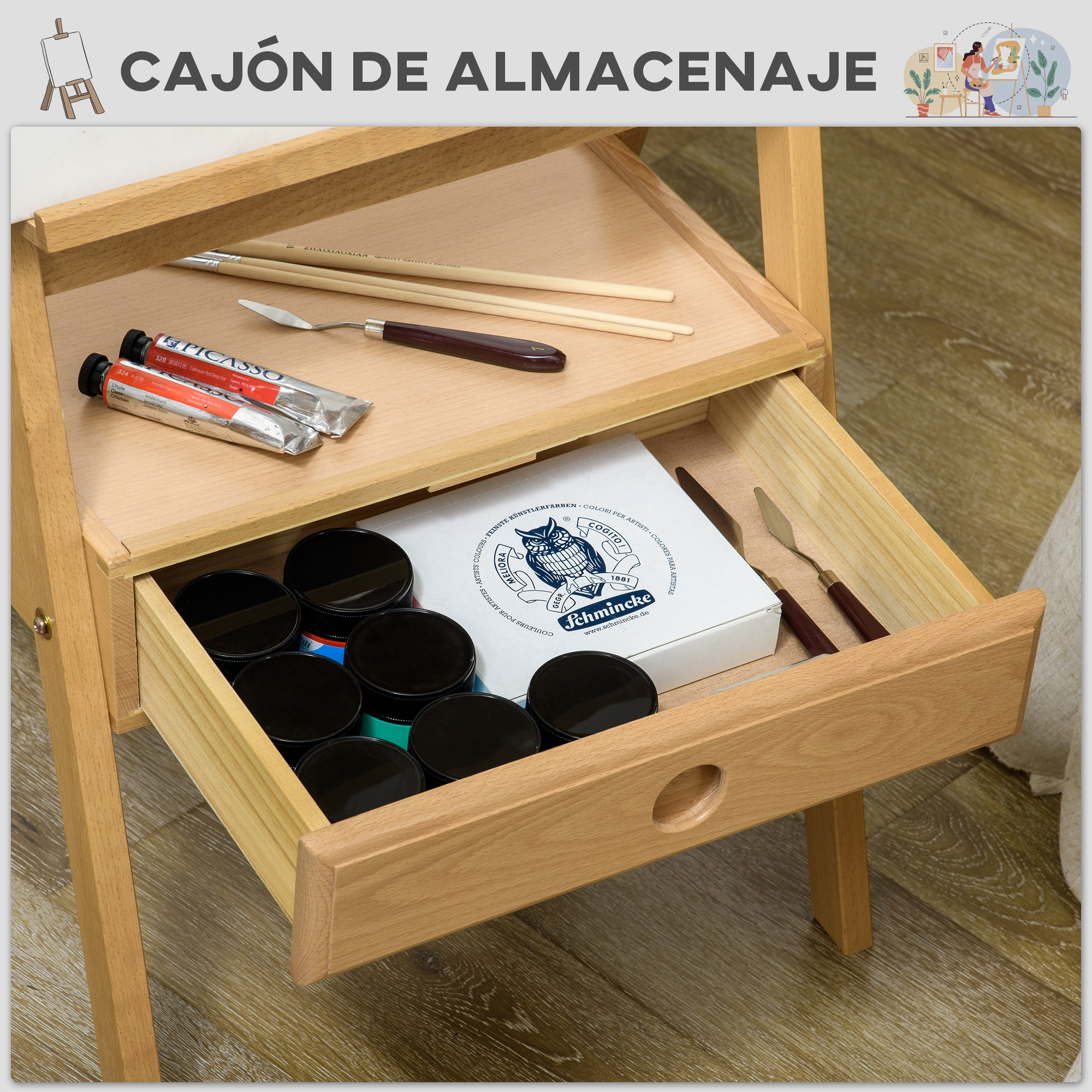 Una caja de madera para suministros de arte con cajón abierto lleno de pinturas.