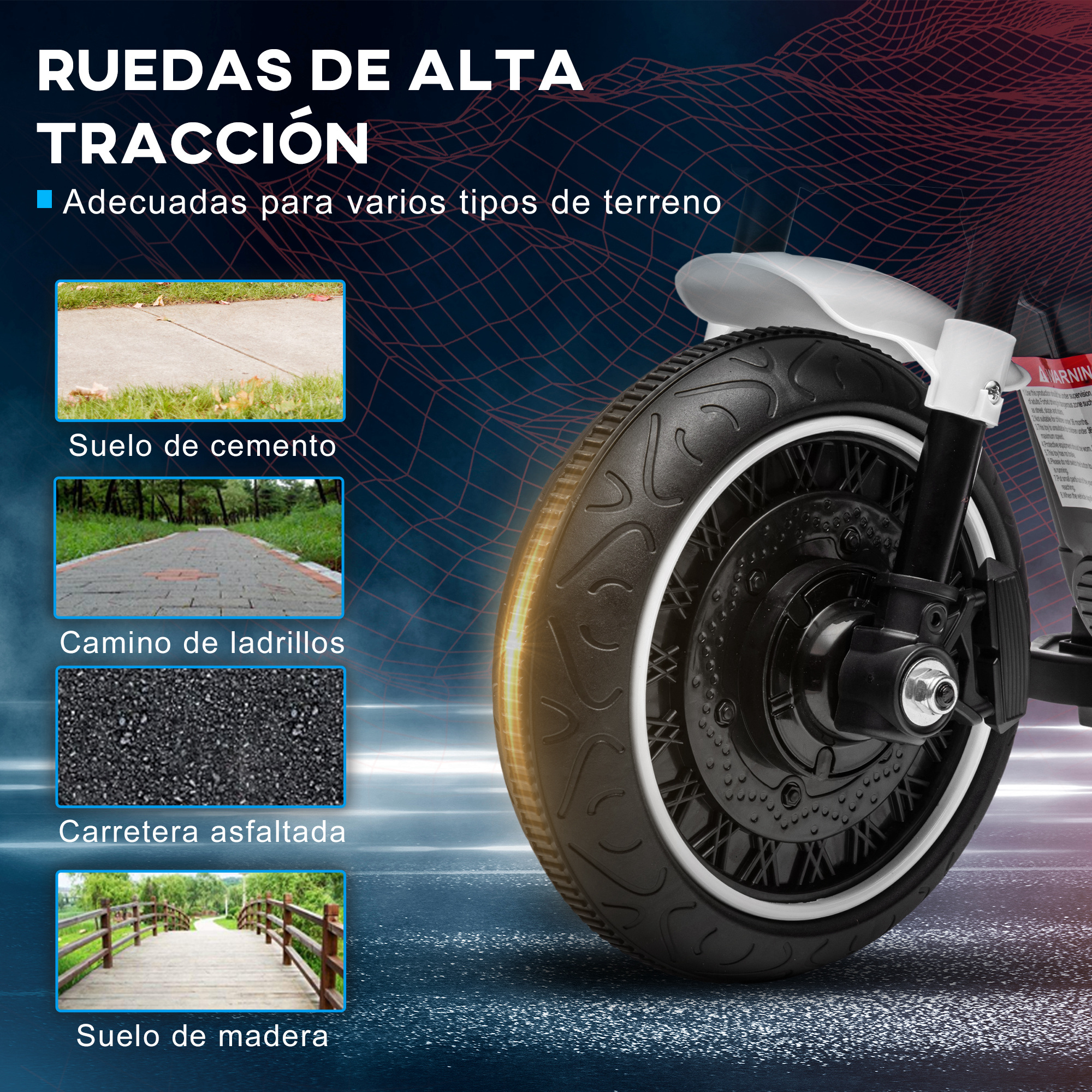 Primer plano de una rueda con texto que lista varios terrenos: cemento, ladrillo, asfalto, madera.