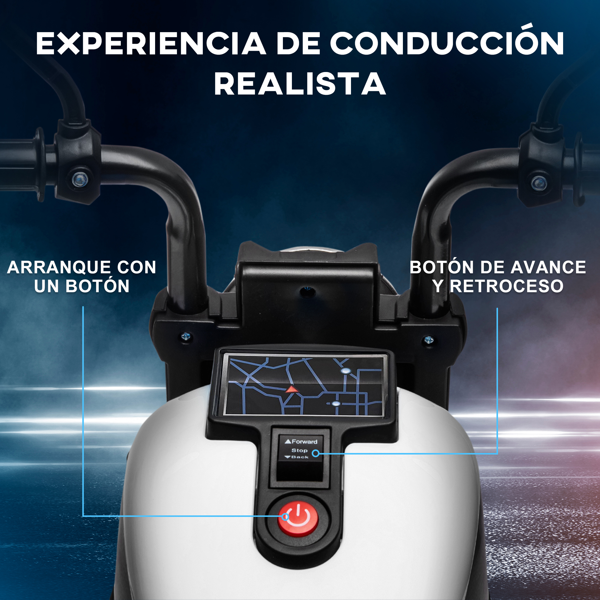 Primer plano del manillar y salpicadero de una moto de juguete, mostrando botones.