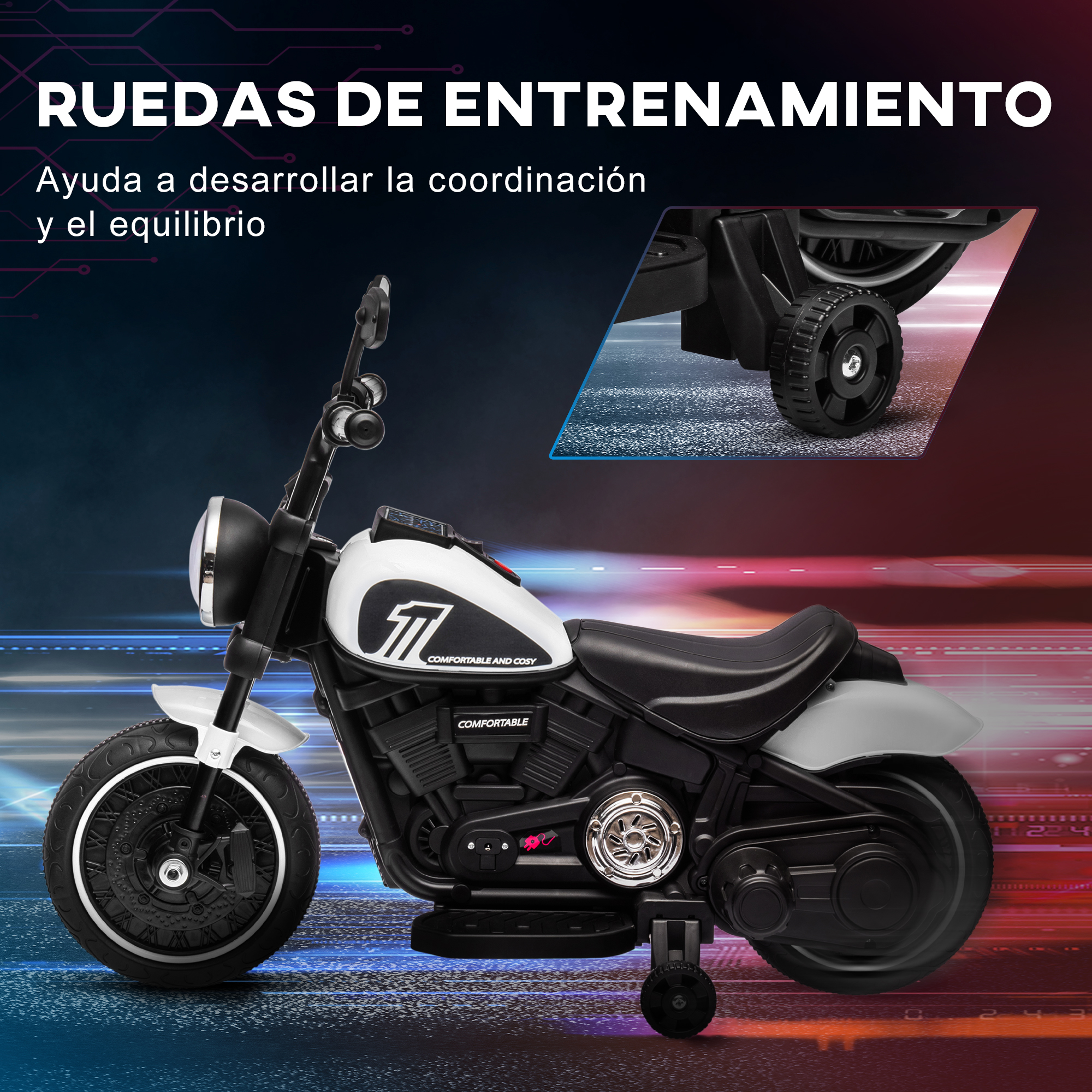 Una motocicleta de juguete blanca y negra con ruedas de entrenamiento sobre fondo oscuro.