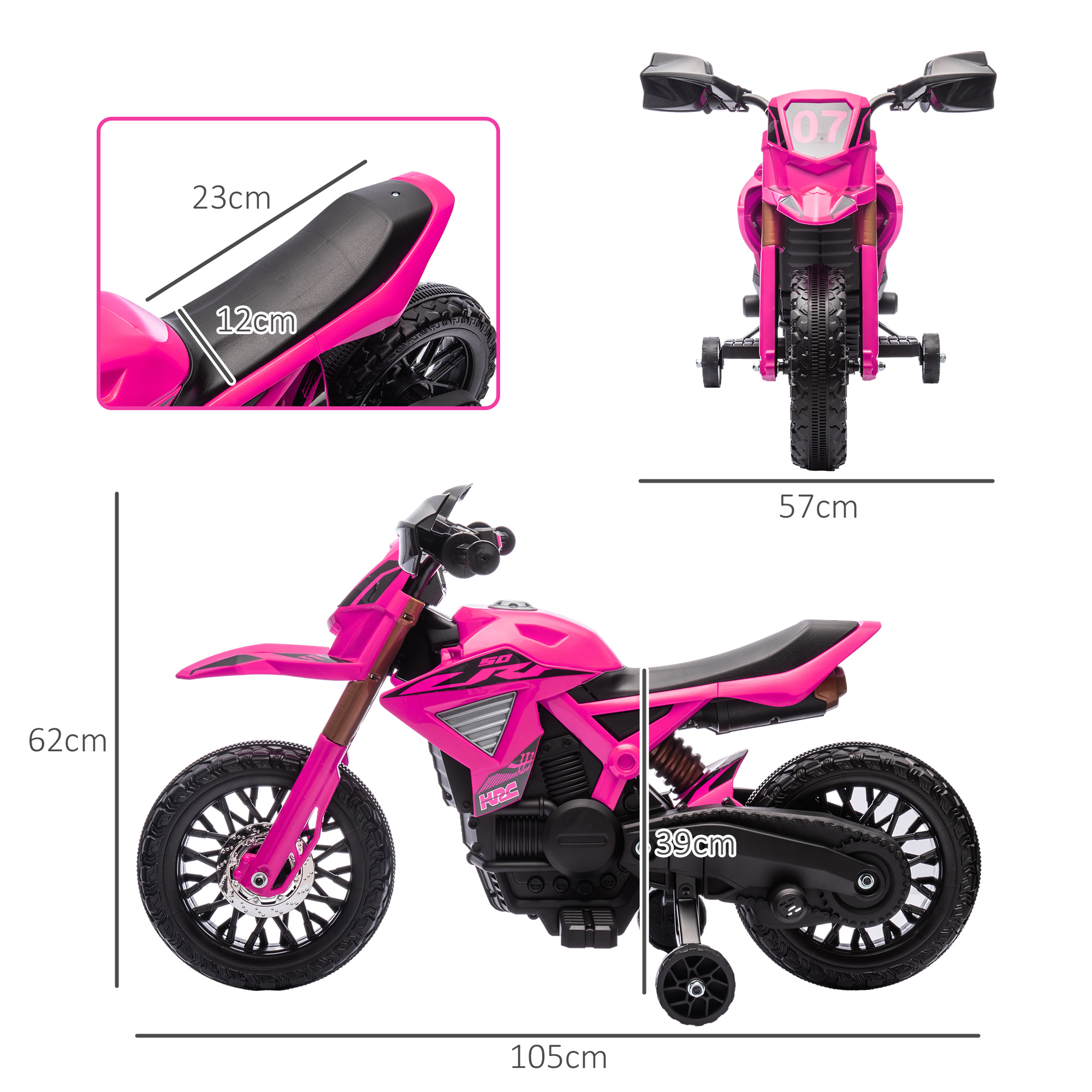 Una moto de juguete rosa con ruedines y etiquetas de medidas.