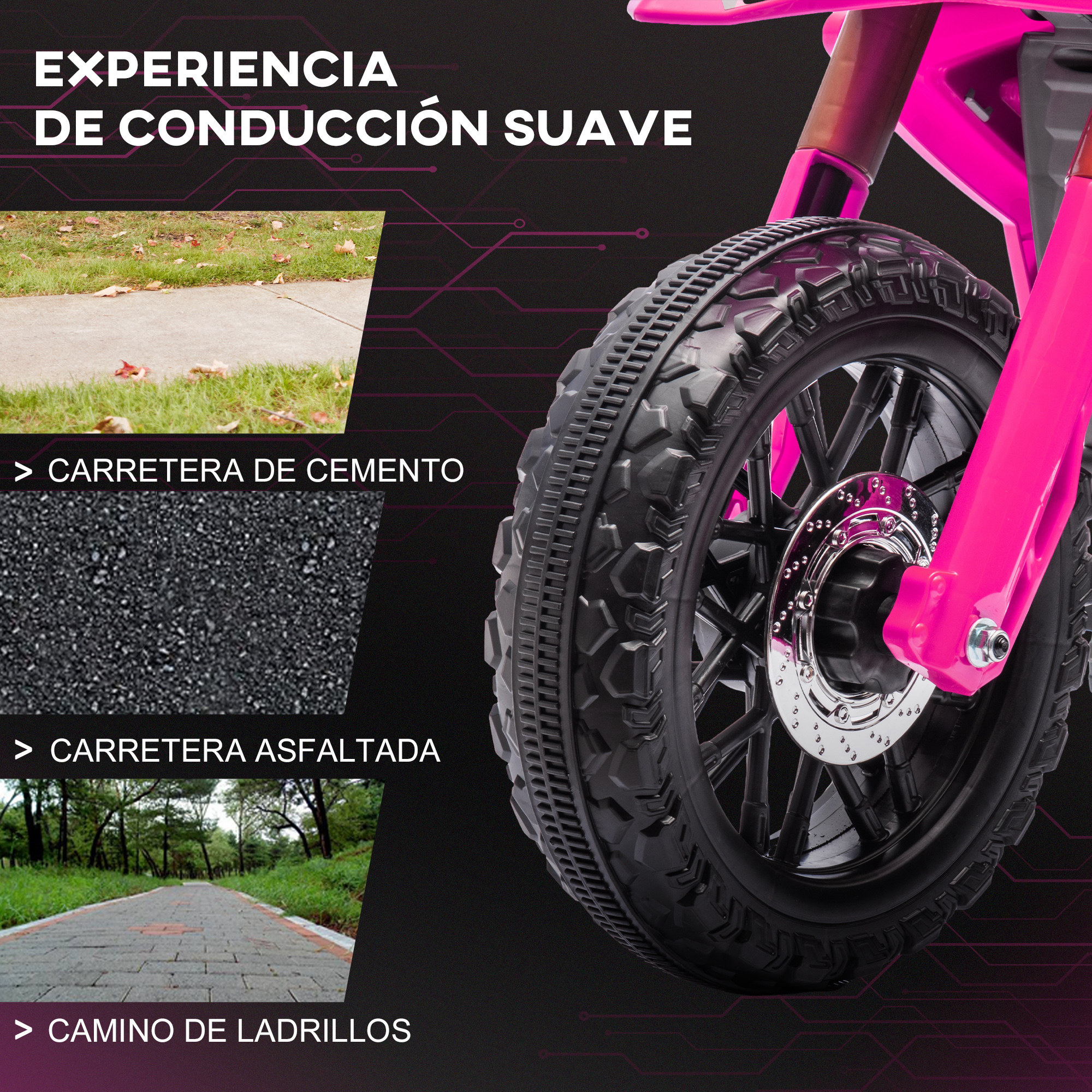 Primer plano de la rueda de una moto rosa con detalles de caminos de cemento, asfalto y ladrillos.