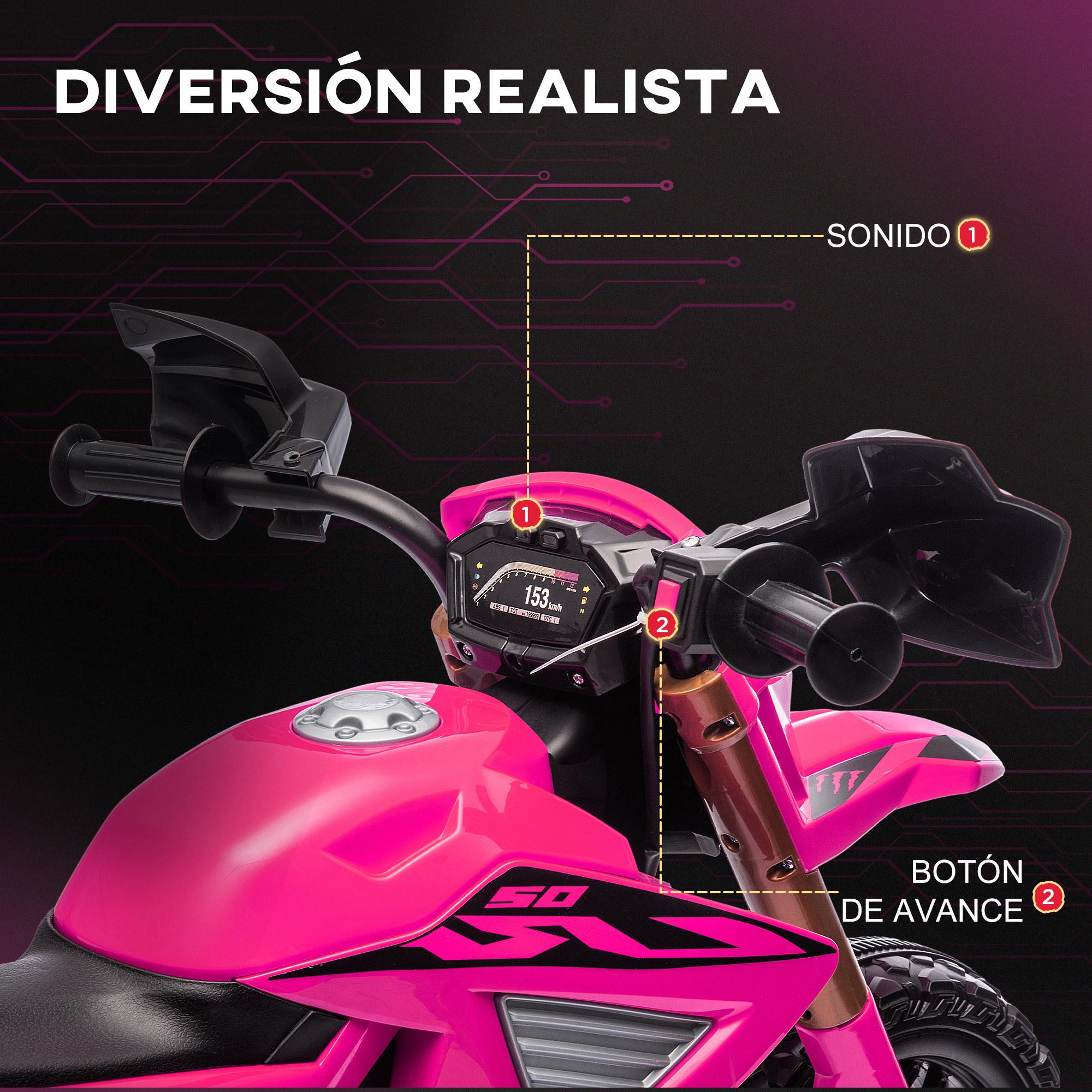 Primer plano de una moto de juguete rosa con pantalla digital y controles.