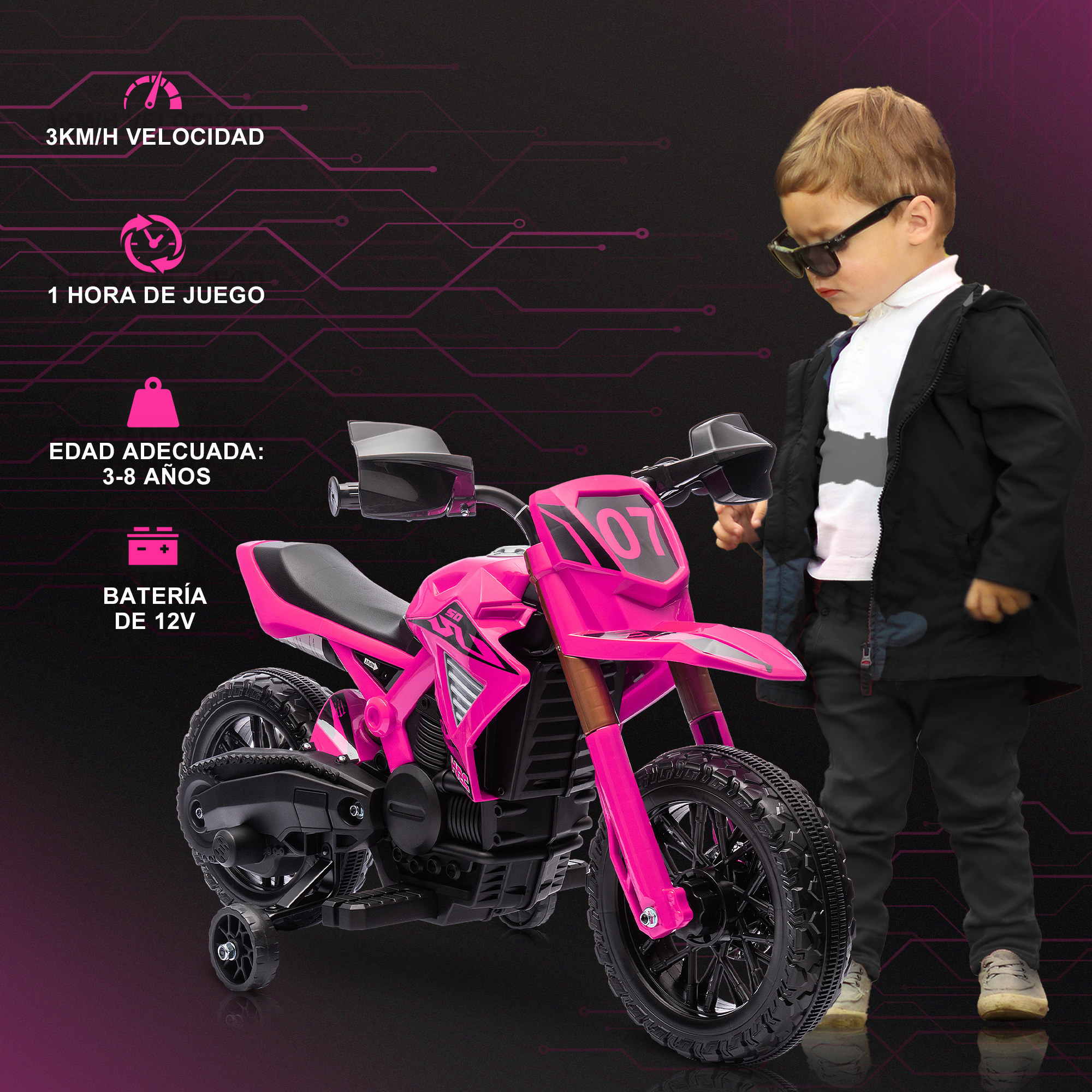 Un niño con gafas de sol junto a una moto de juguete rosa con ruedines.
