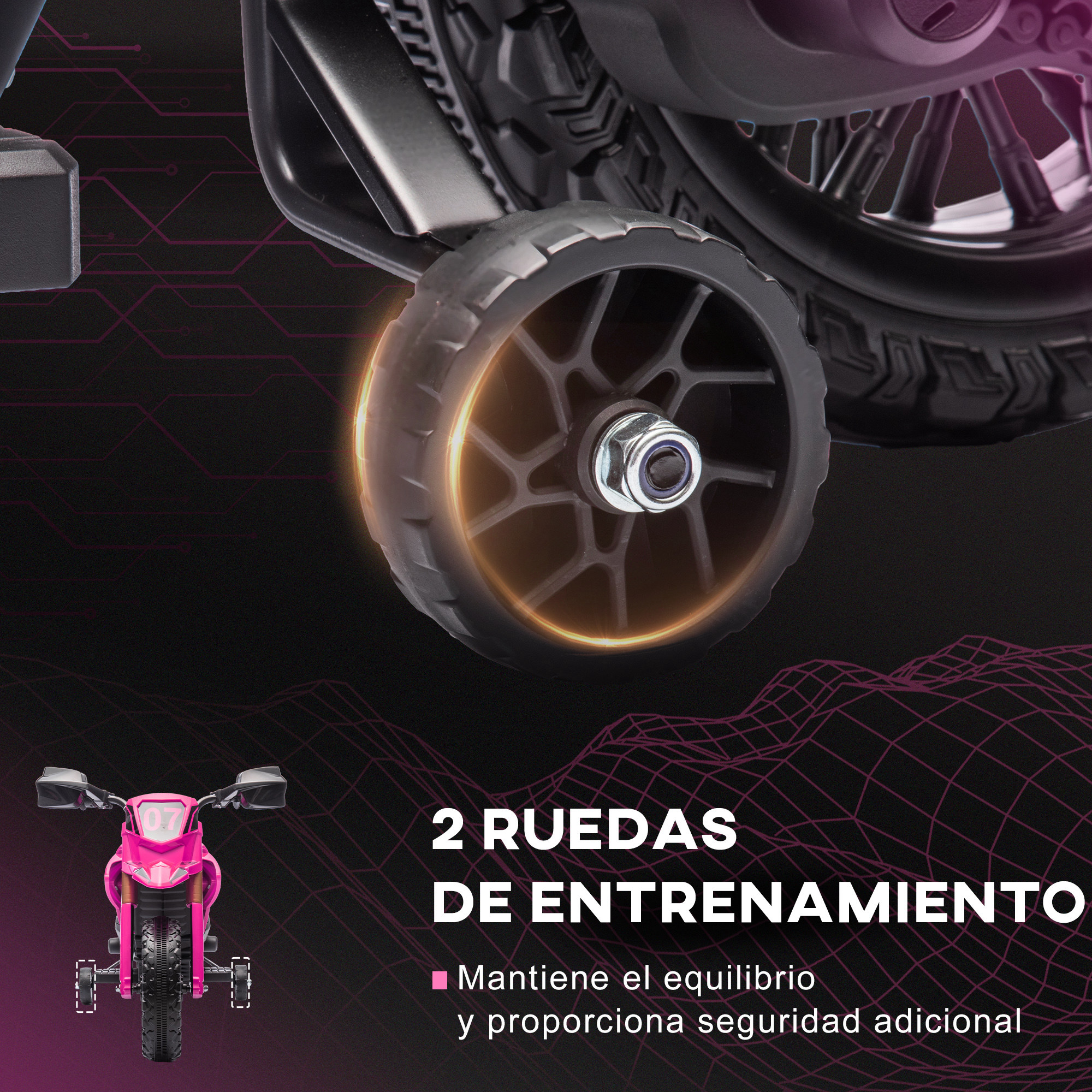 Moto de juguete rosa con ruedines y texto.