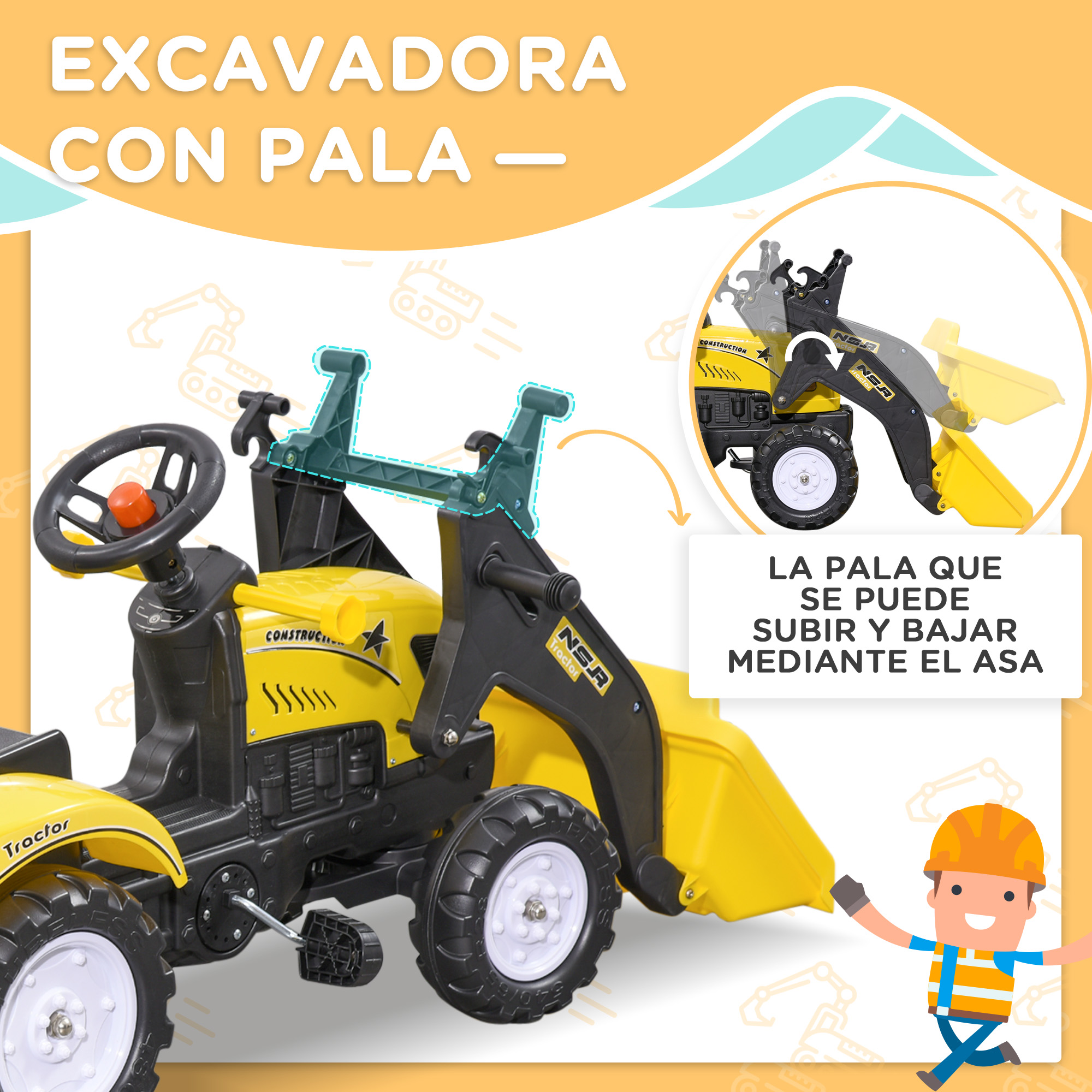 Excavadora de juguete amarilla con pala y volante. Corre un niño con casco.