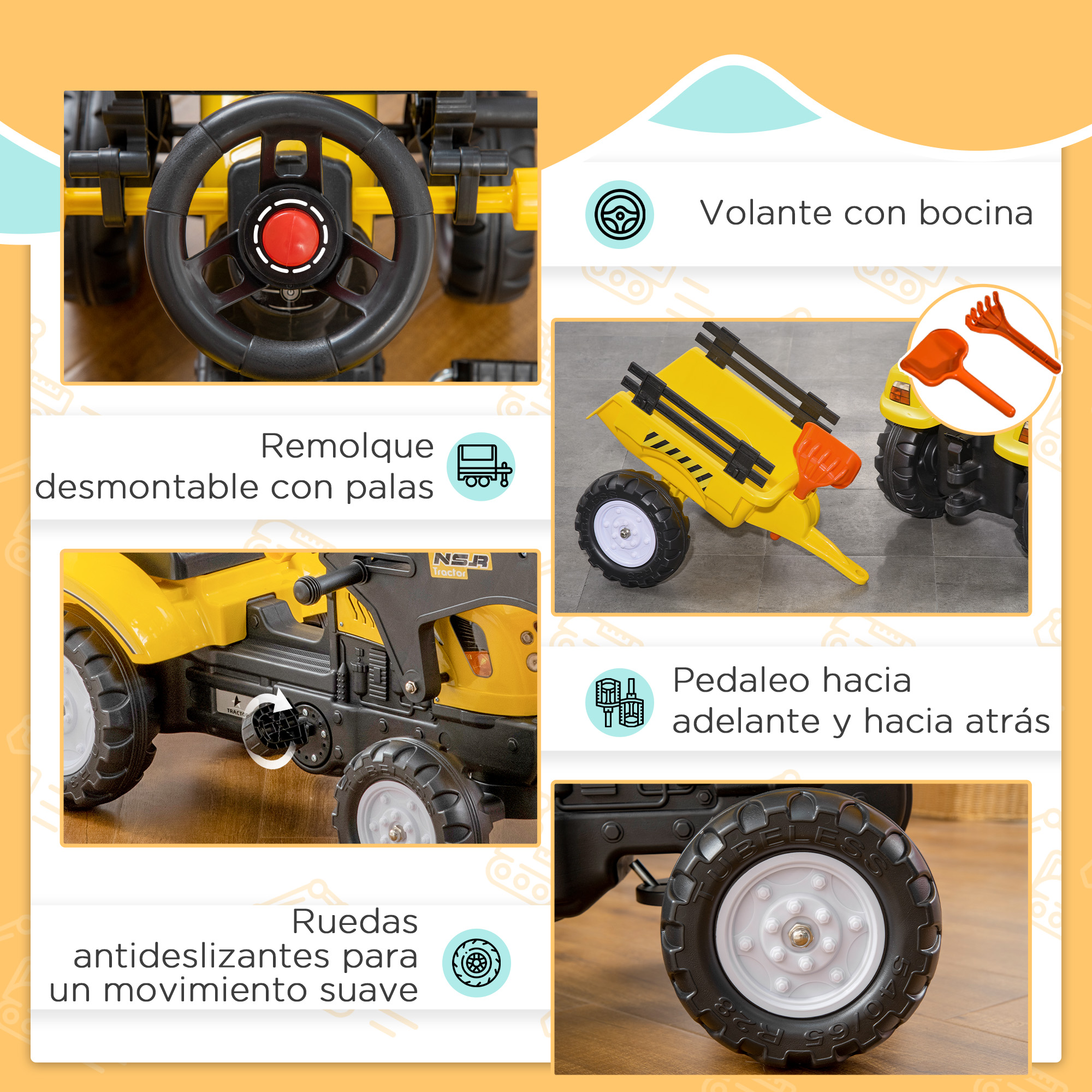 Tractor de juguete amarillo con remolque, volante, ruedas y pala.