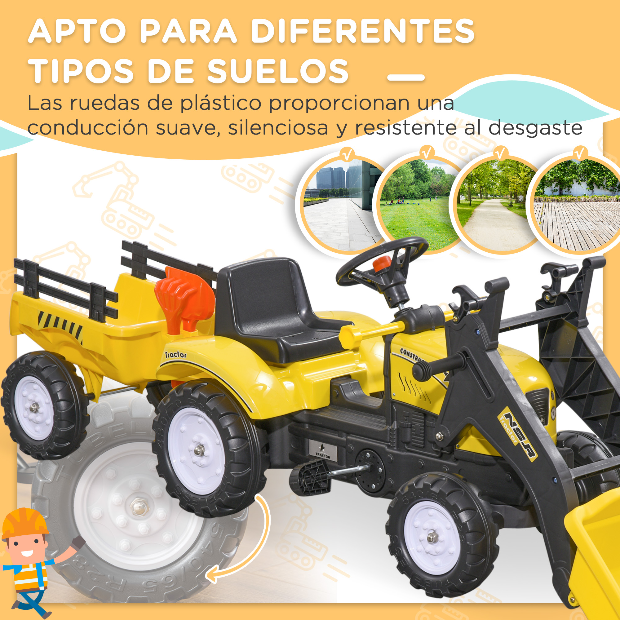 Tractor de juguete amarillo con pala y remolque, apto para varios terrenos.