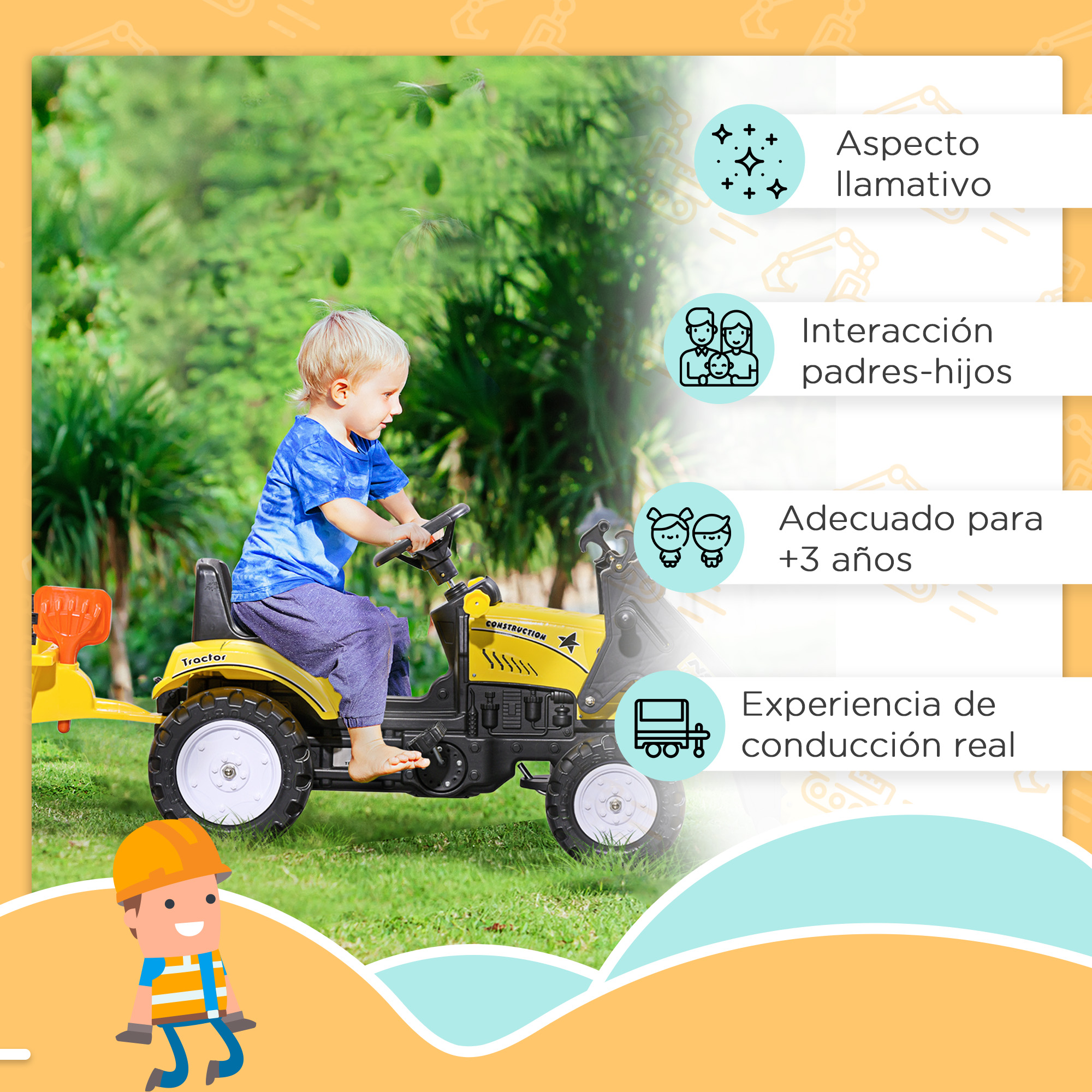 Un niño pequeño monta un tractor de juguete amarillo al aire libre.