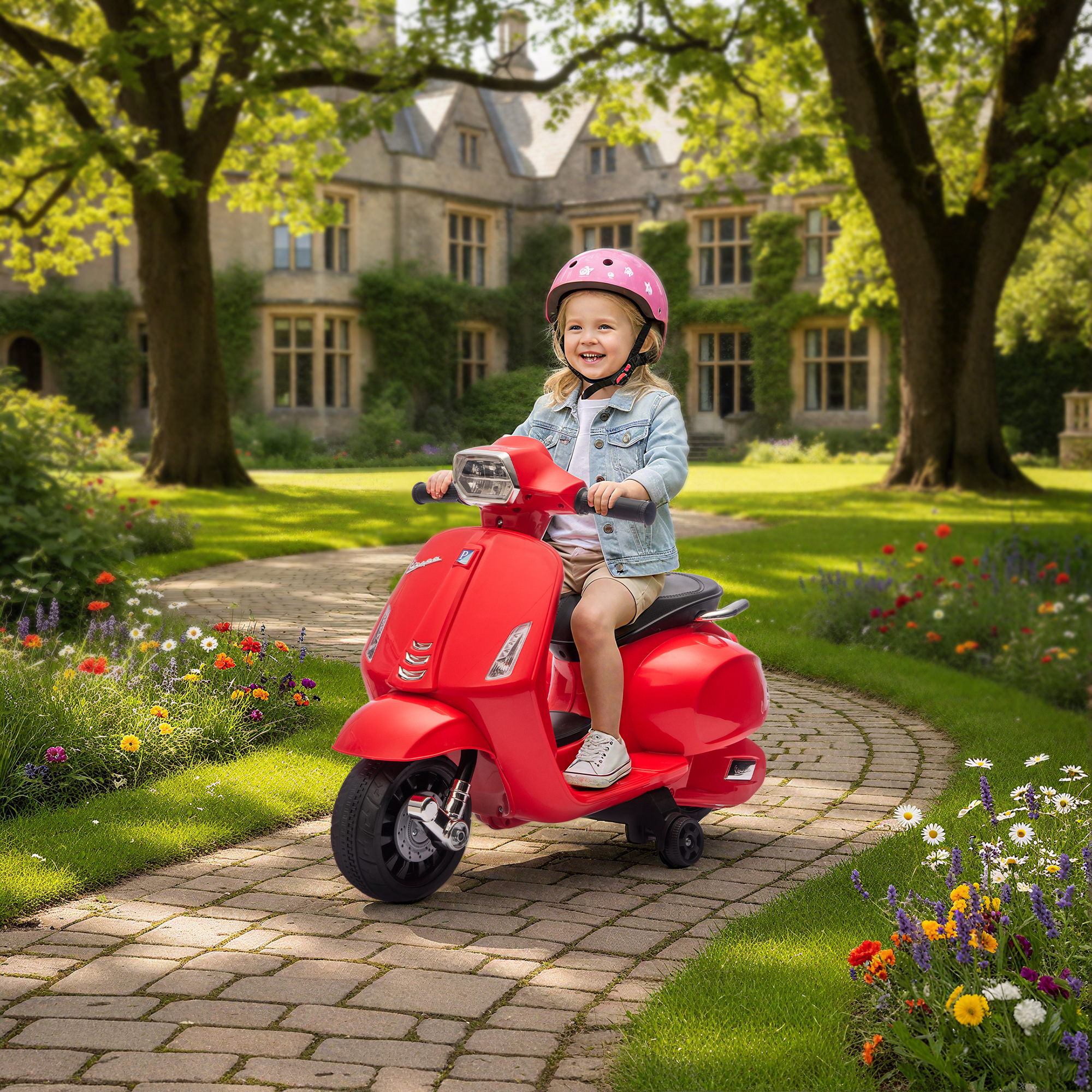 Una niña pequeña monta un scooter de juguete rojo en un camino pavimentado.