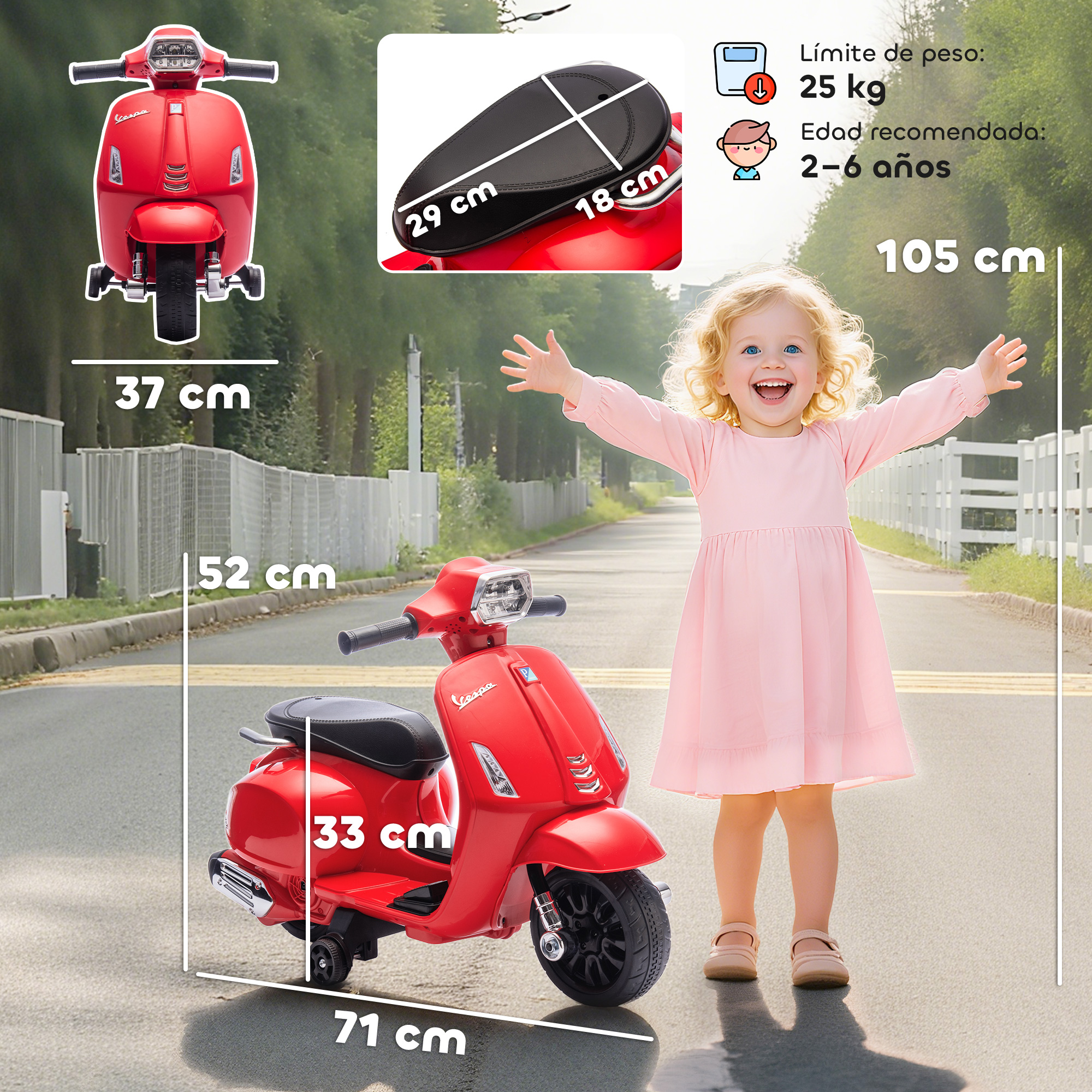 Un scooter Vespa de juguete rojo con una niña.