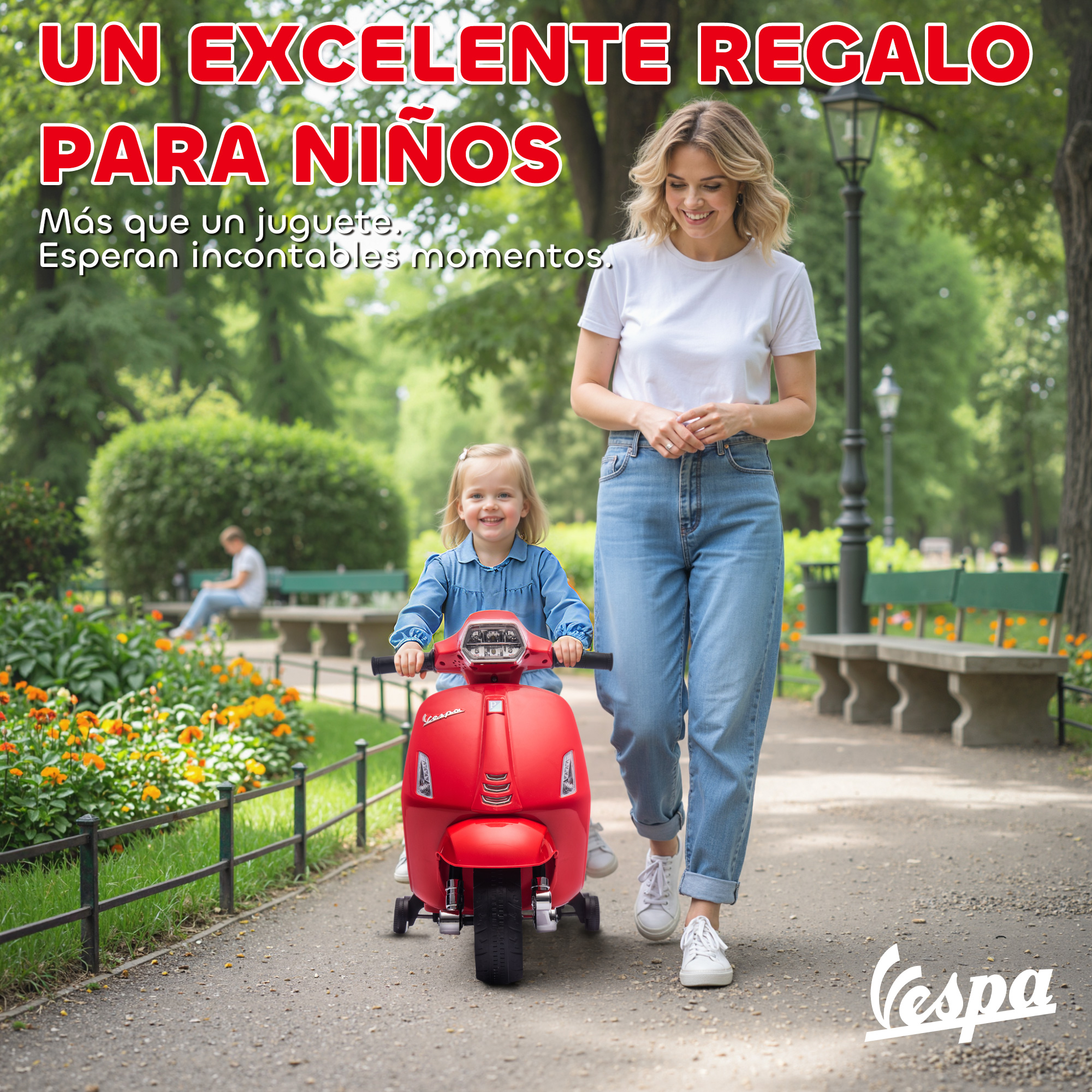 Una mujer camina junto a un patinete rojo de juguete con un niño.