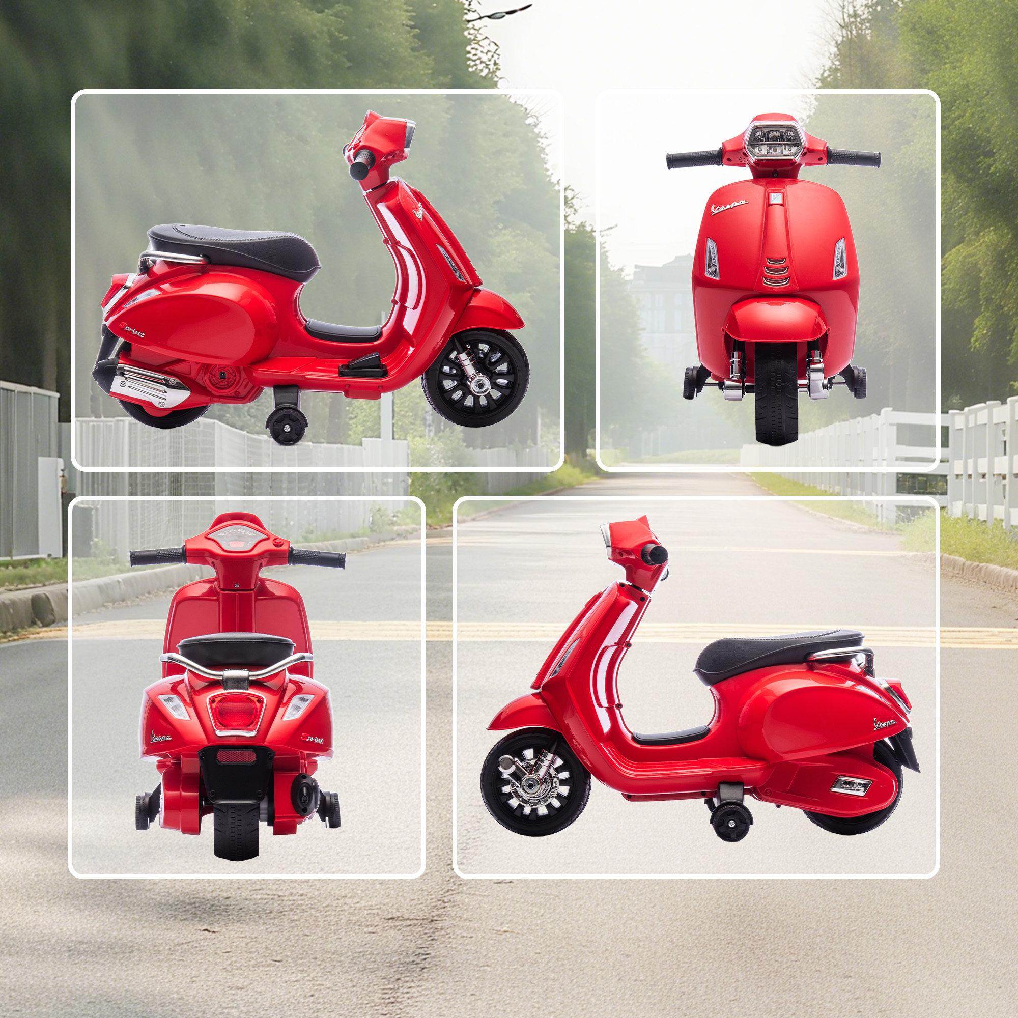 Juguete de scooter Vespa roja para niños, visto desde varios ángulos en una carretera.