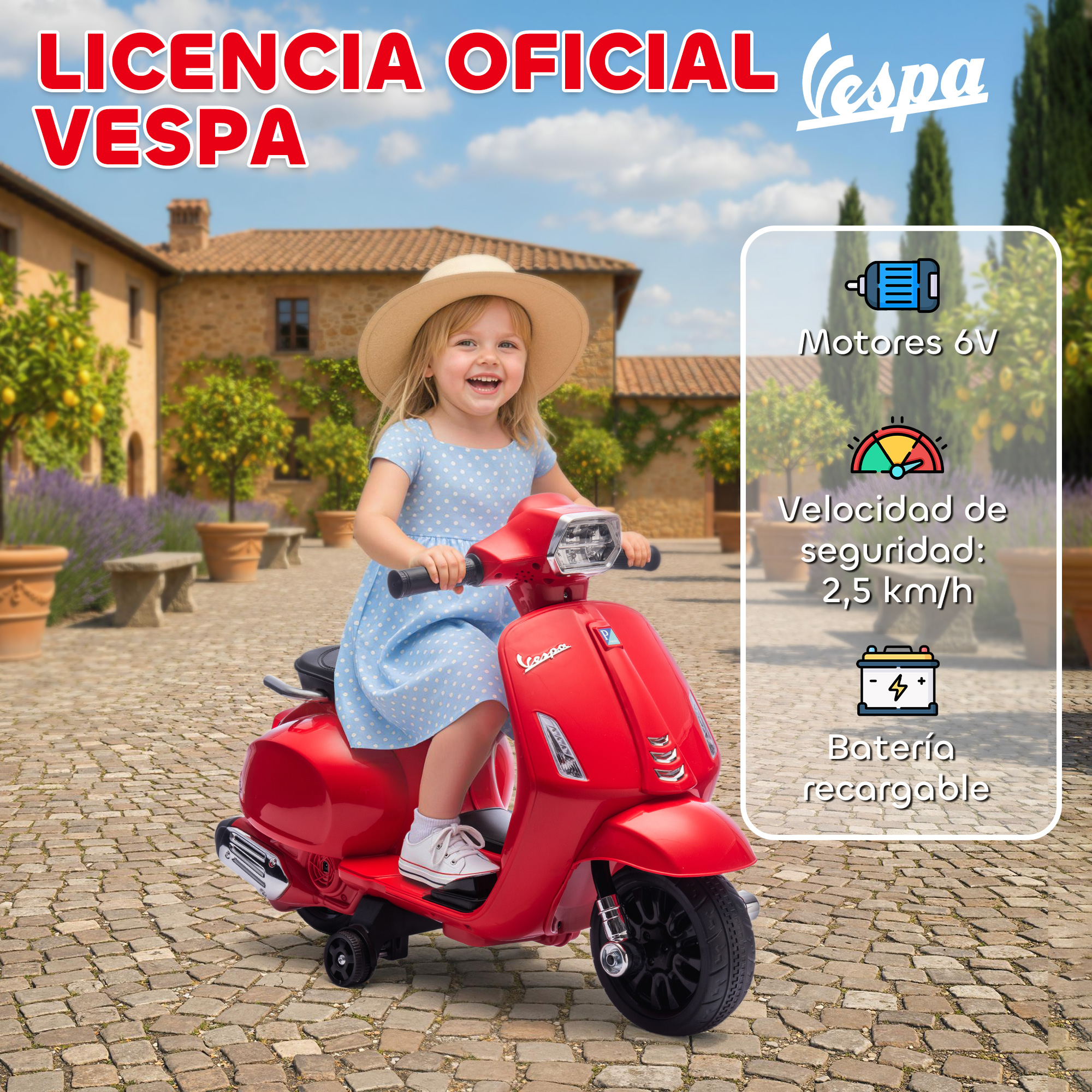 Una niña feliz monta un patinete Vespa de juguete rojo en un entorno toscano.