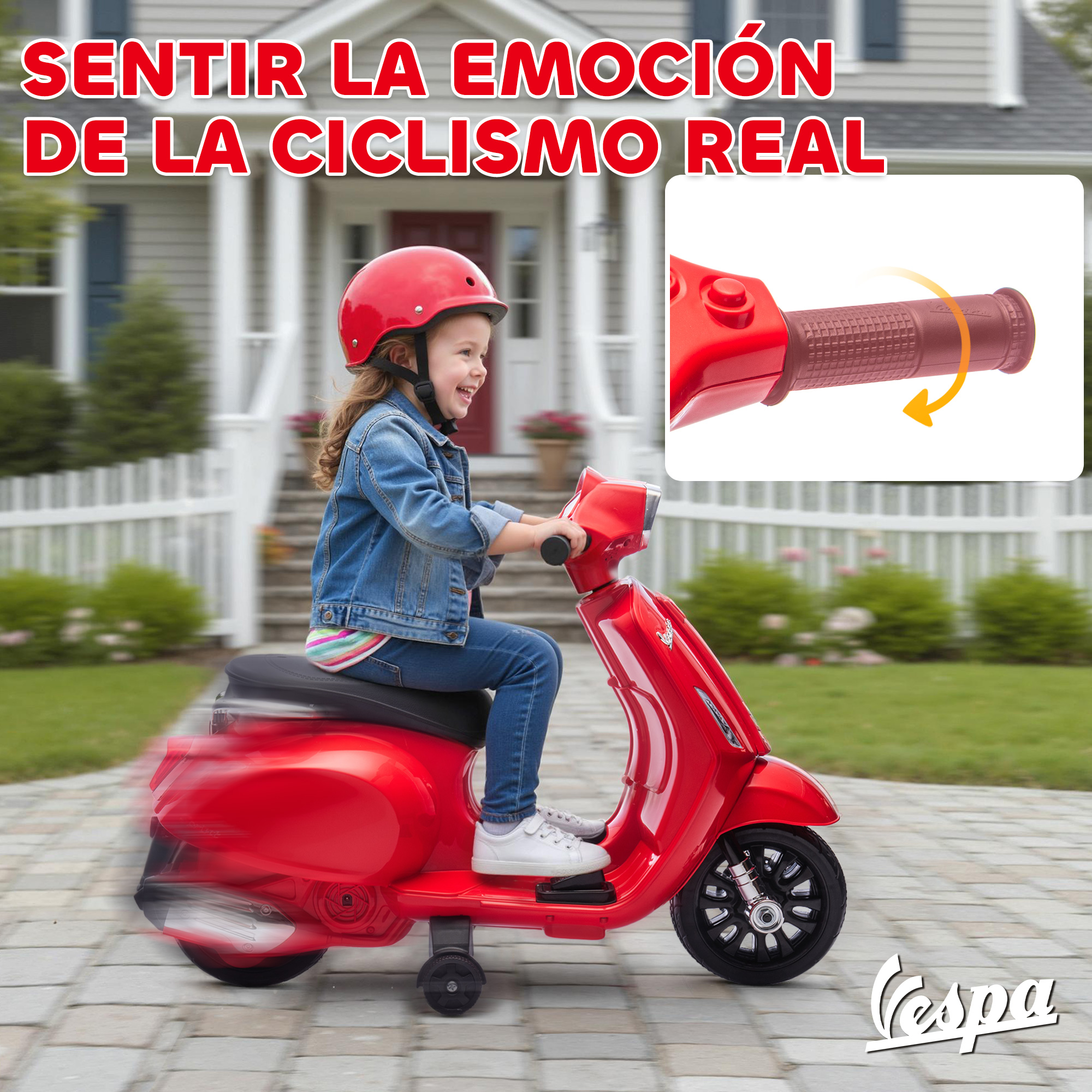 Una niña con casco rojo monta un patinete Vespa de juguete rojo en una entrada pavimentada.