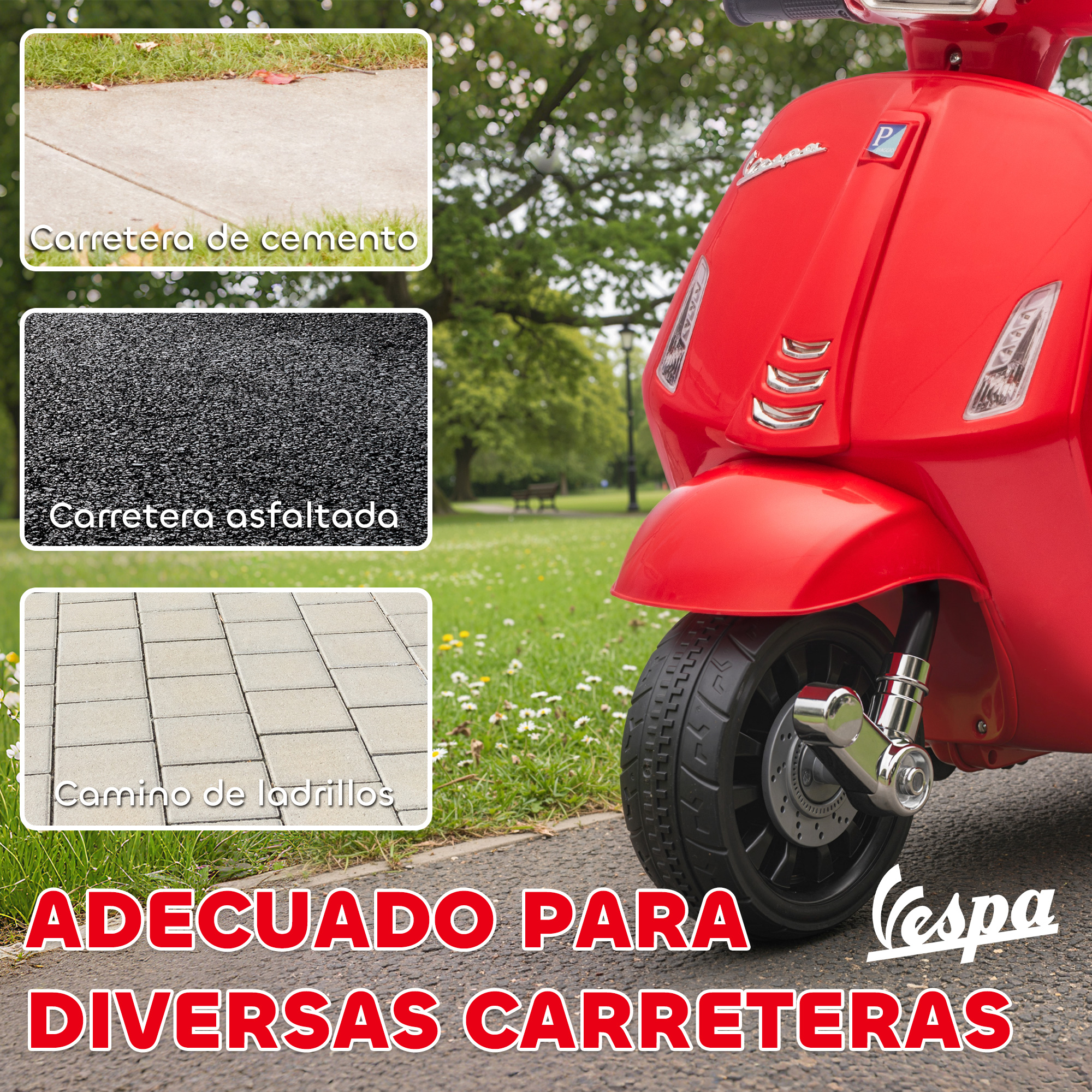 Scooter rojo sobre varias carreteras: cemento, asfalto y ladrillos.