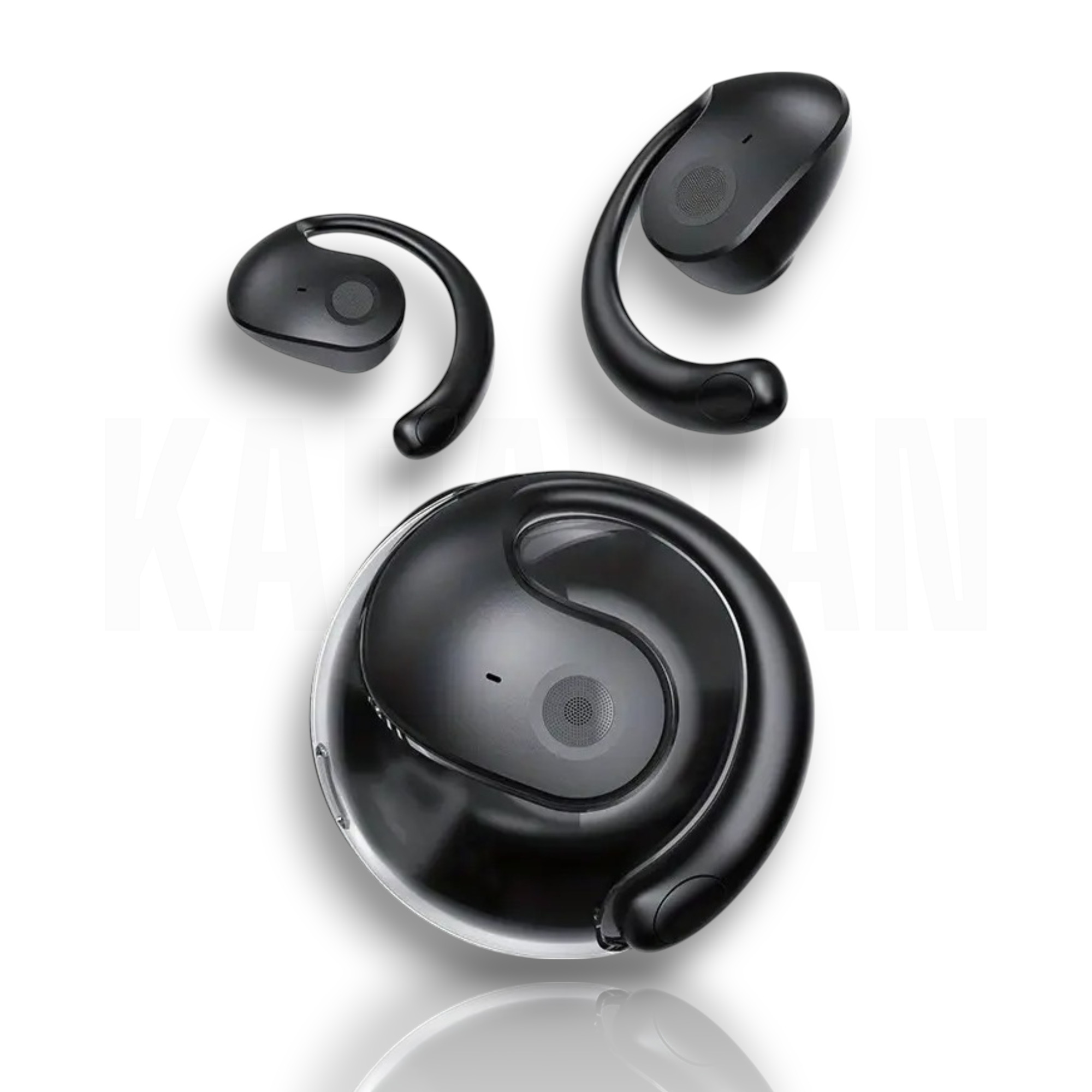 Tres auriculares negros con forma de gancho, sobre fondo blanco.