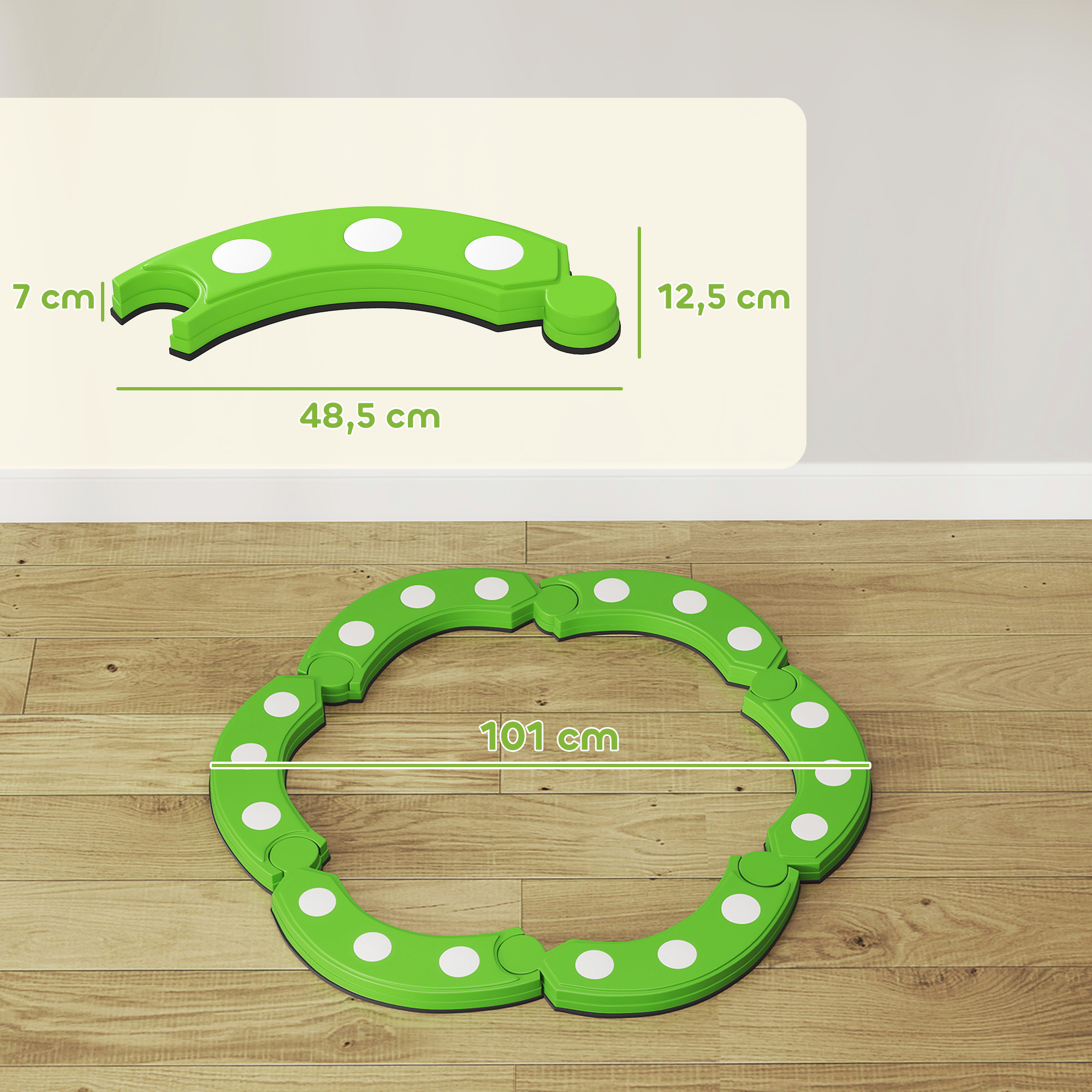 Anillo verde con puntos blancos, dimensiones 48,5 cm y 101 cm.