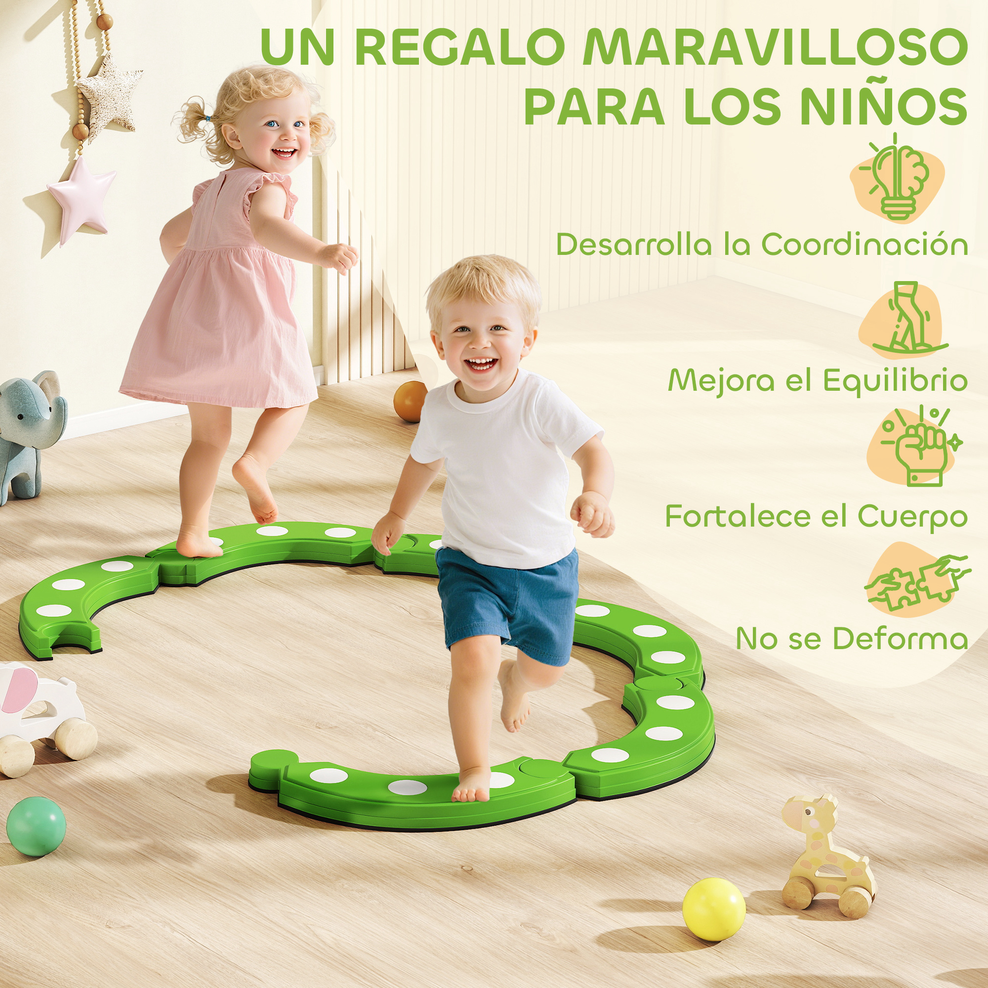 Dos niños juegan en piedras de equilibrio verdes. Juguetes en primer plano.