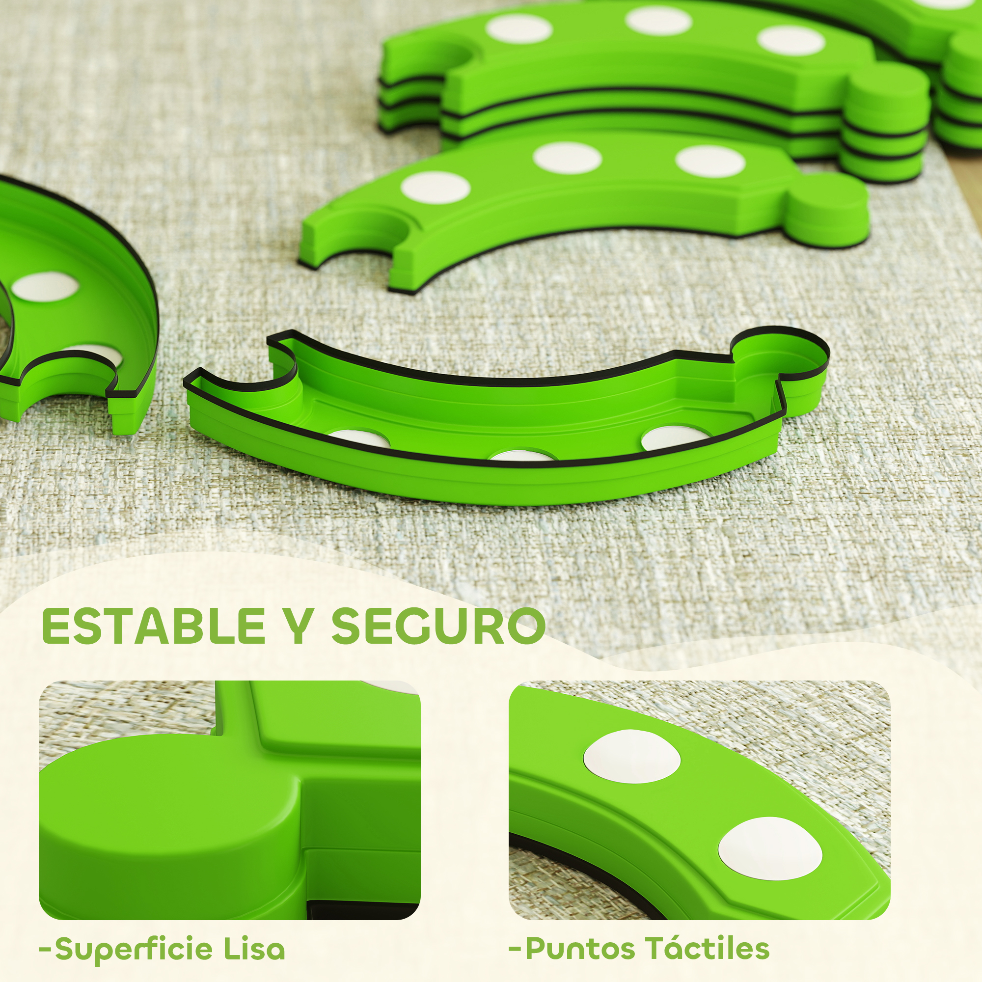 Piezas de juguete verdes con puntos blancos sobre una manta.