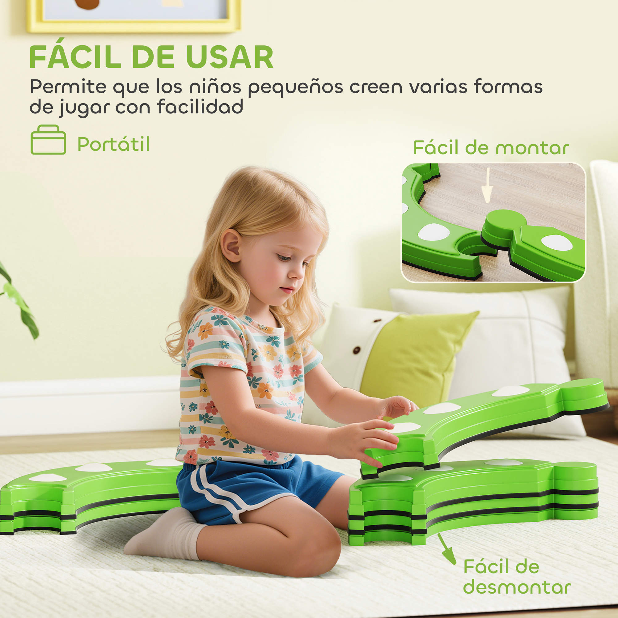 Una niña juega con bloques de construcción verdes sobre una alfombra.