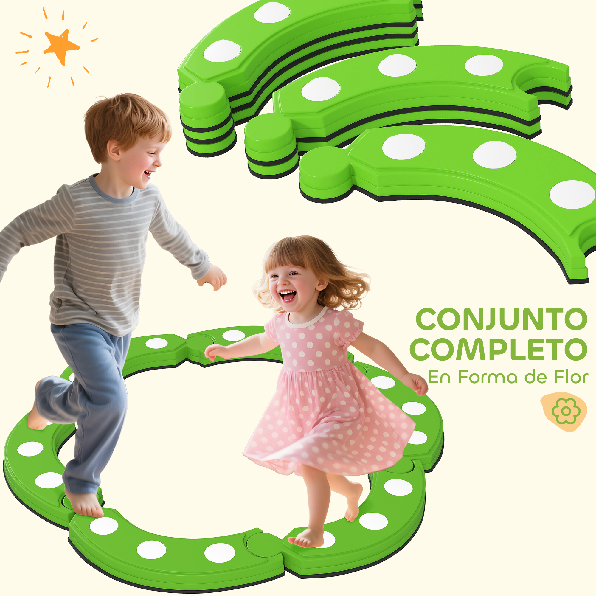 Niños juegan en escalones verdes con forma de flor y puntos blancos.