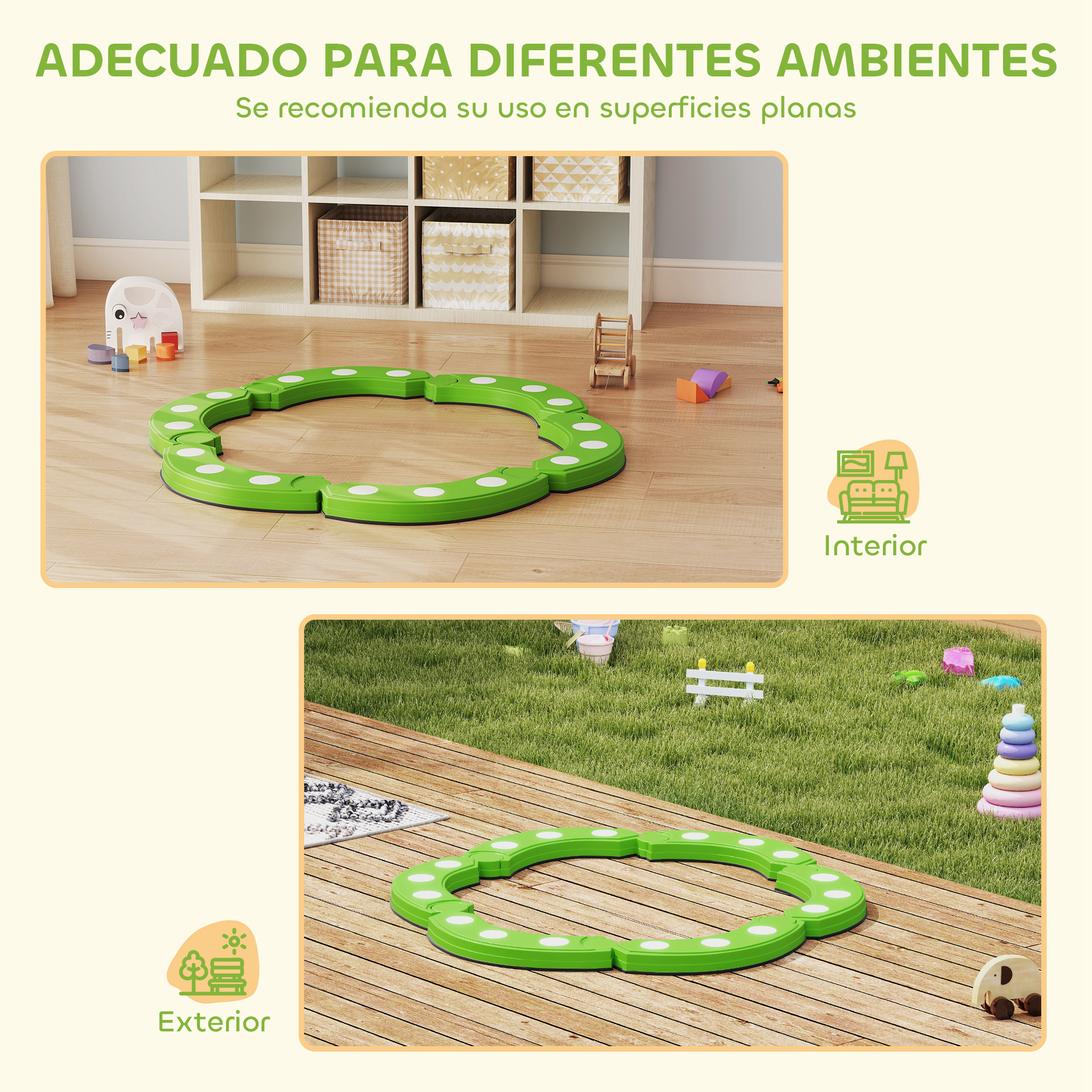 Alfombra de juego verde con puntos blancos en interior y exterior.