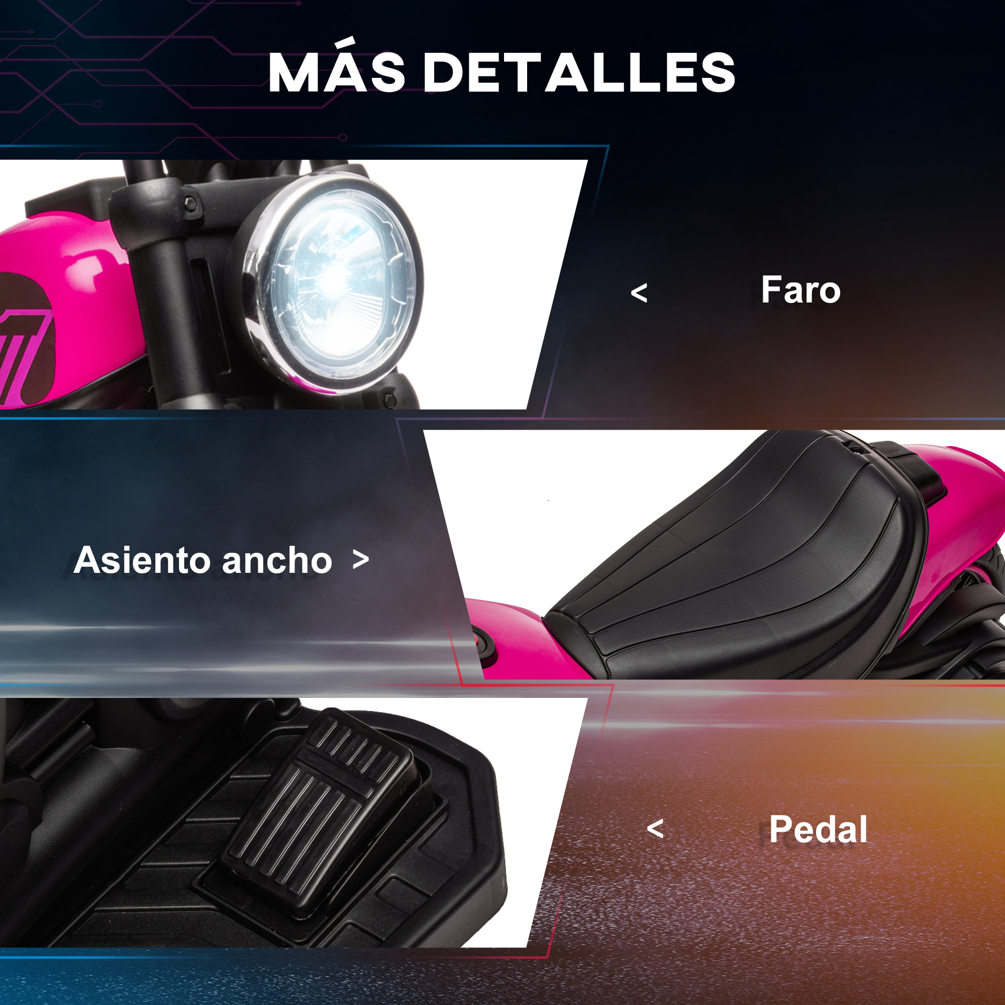 Un vehículo de juguete rosa con primeros planos de su faro, asiento y pedal.