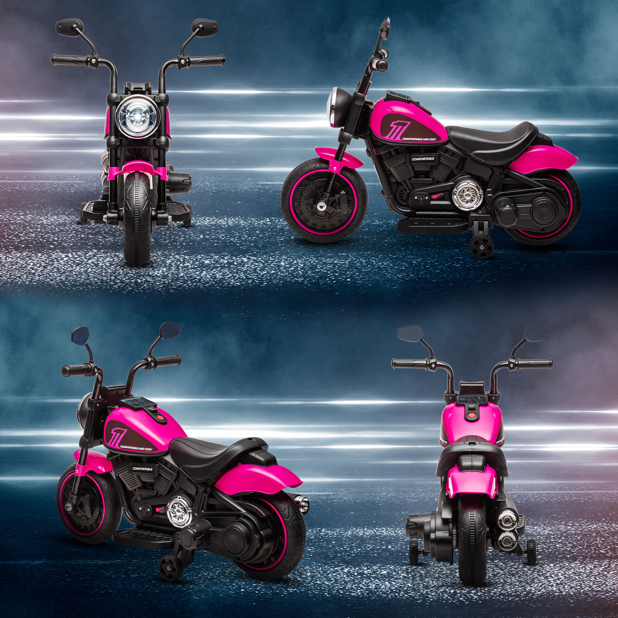 Motocicleta de juguete rosa con detalles negros sobre superficie húmeda.