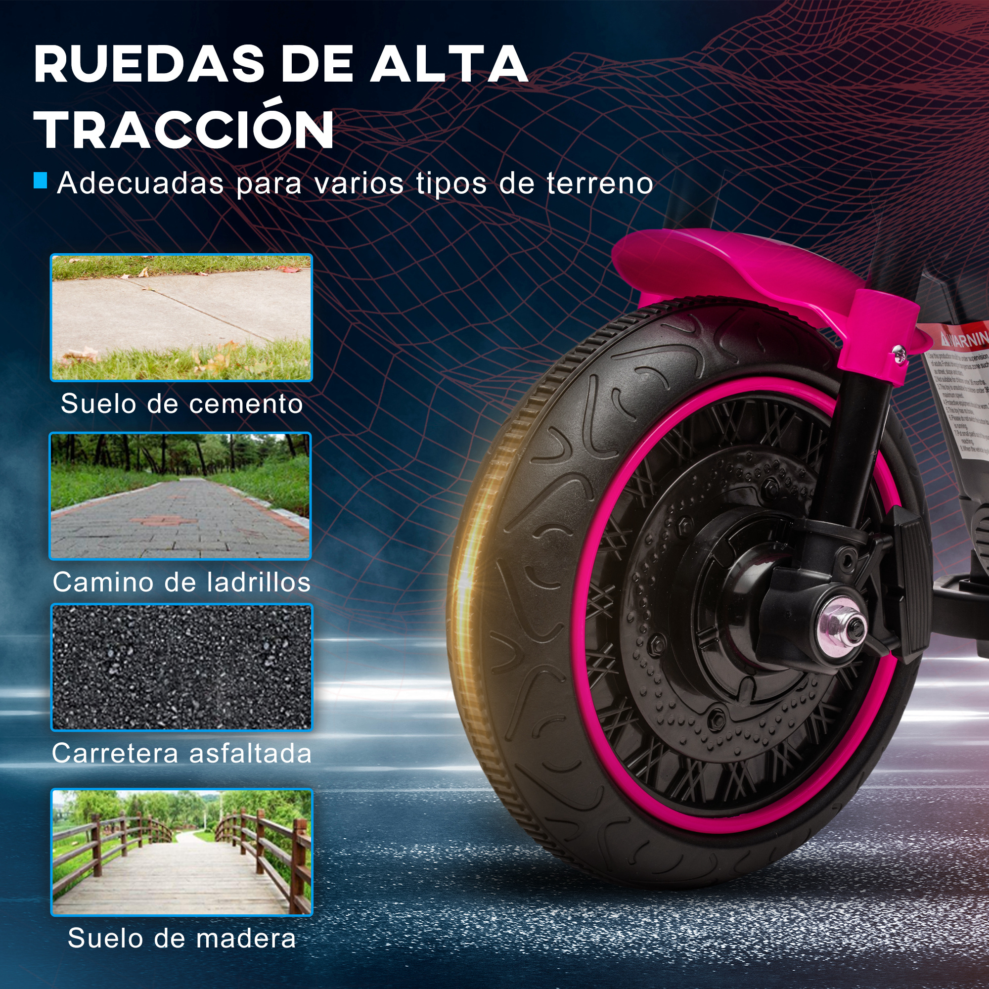 Primer plano de un triciclo rosa con texto sobre tracción y tipos de terreno.