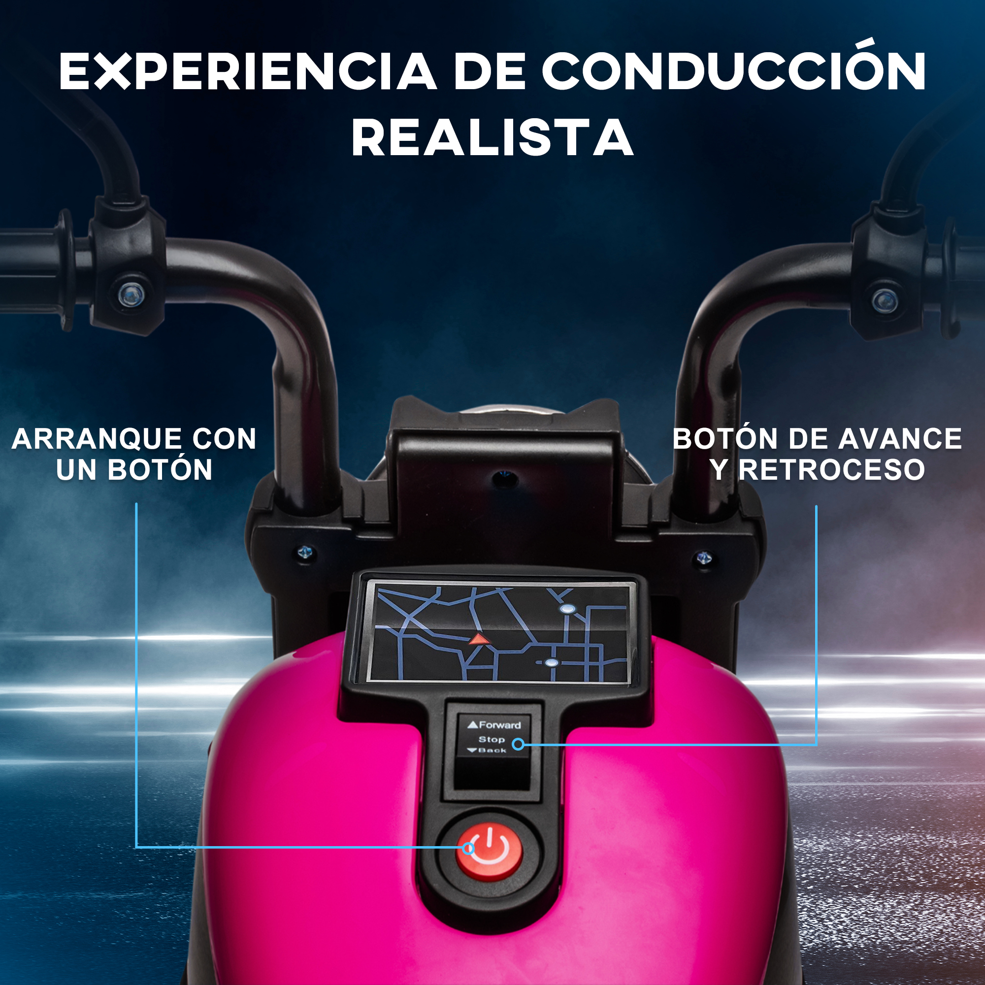 Vehículo infantil rosa con manillar, tablero con mapa y botones.